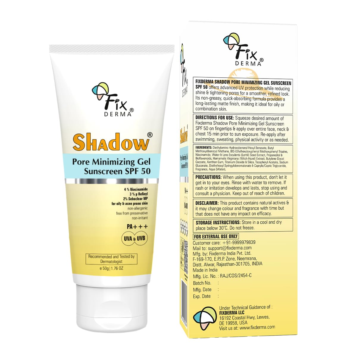 Fixderma Shadow Pore Minimizing Gel Sunscreen SPF 50 PA+++ with 4% Niacinamide, For UVA & UVB Protection | Sunscreen SPF 50 for Oily & Acne Prone Skin | Lightweight, No White Cast, Non-Greasy - 50GM