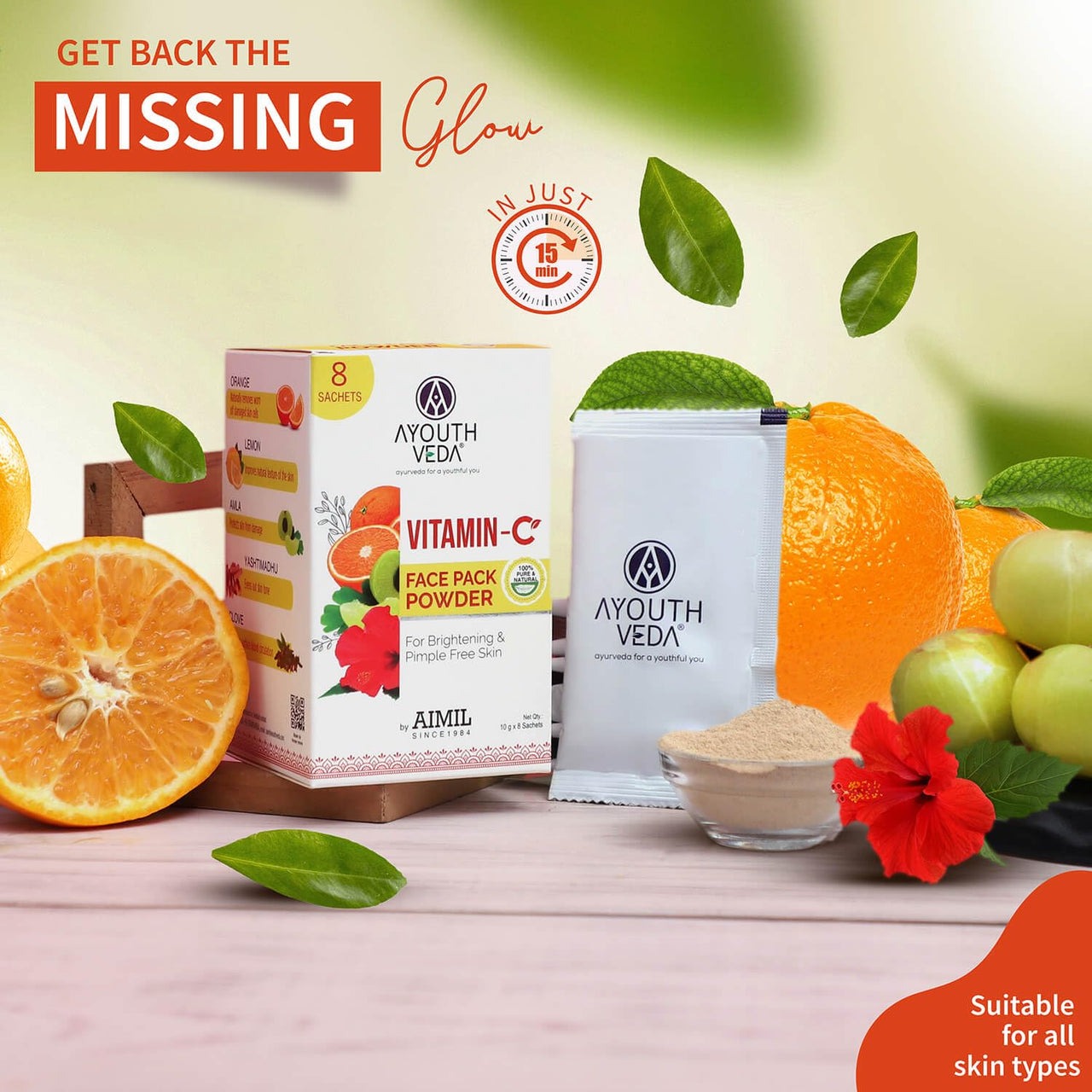 Ayouthveda Vitamin C Face Pack Powder Men & Women | Helps to reduce Pigmentation & Acne & Enhances skin Glow|Enriched with Fruits and Herbs | Makes Skin Soft & Supple (10g X 8 Sachets)(Pack Of 1)