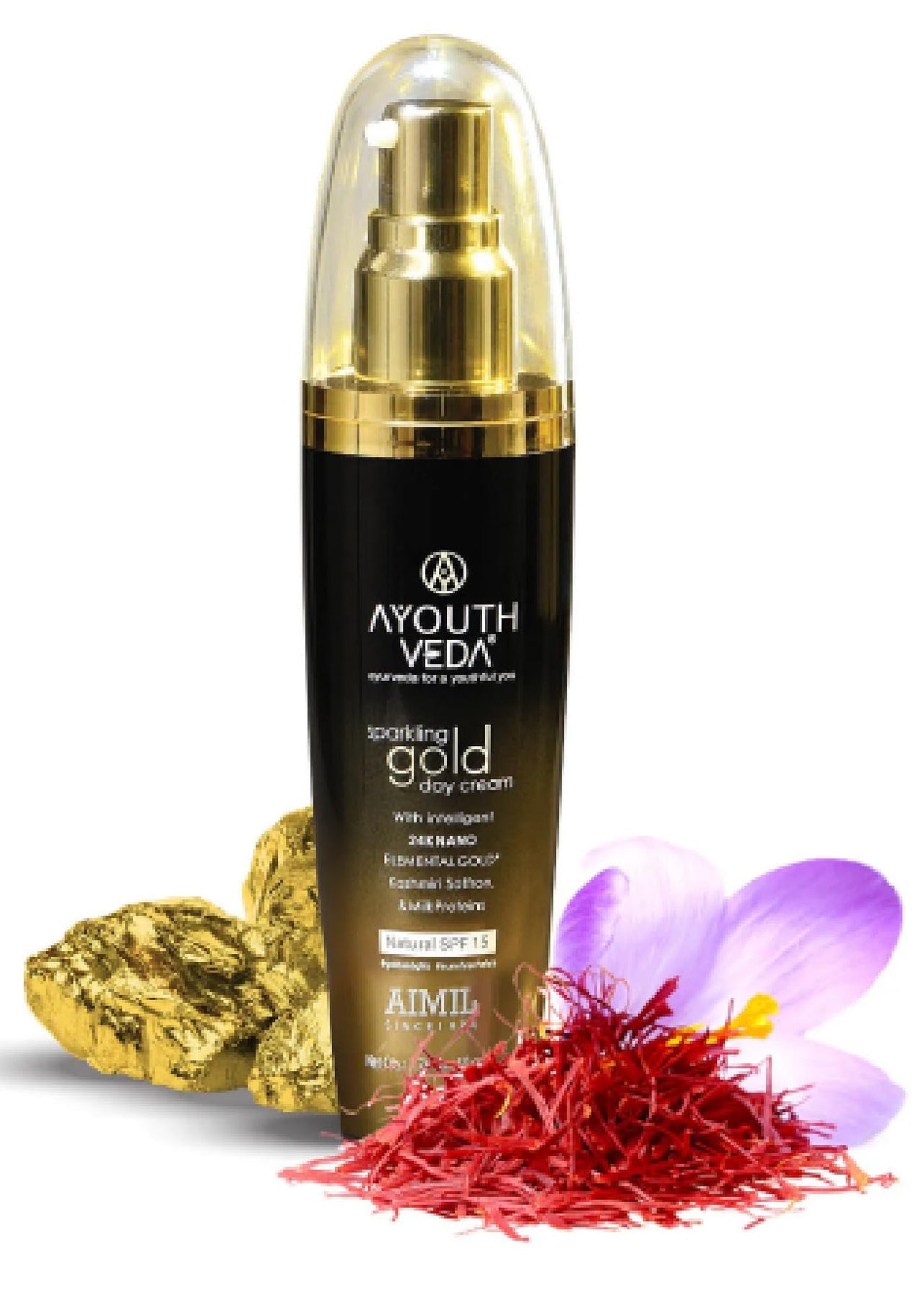 Ayouthveda Sparkling 24K Nano Elemental Gold Day Cream With Natural SPF 15|Provides Golden Glow & Improves Skin Firmness| Blend of Kashmiri Saffron & Milk Cream For All day Use(Pack Of 1-50g)