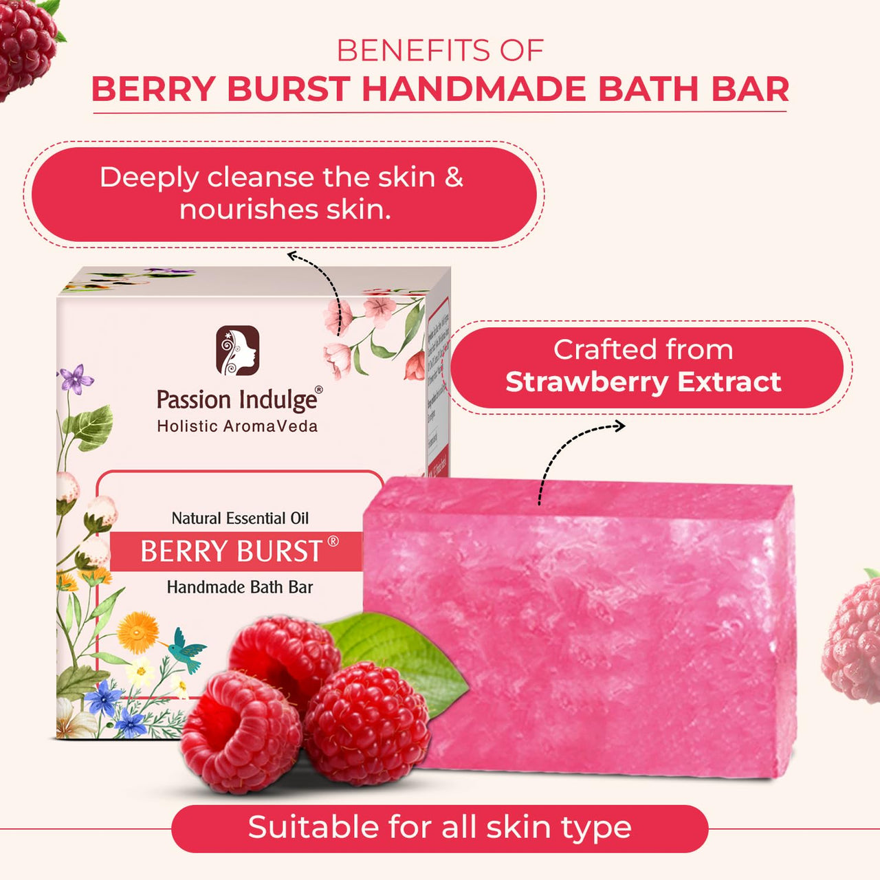 Passion Indulge Handmade Soap Natural Berry Burst Bath Bar - (Strawberry) (Pack of 3)
