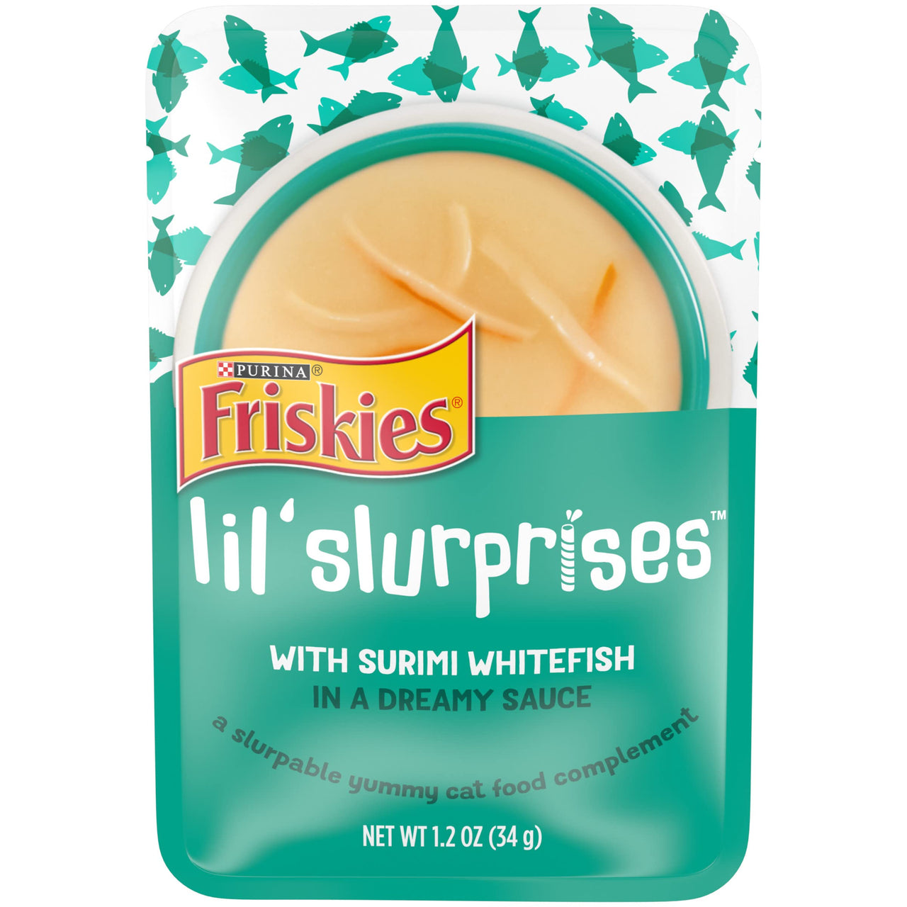 Purina Friskies Cat Food Complement, Lil’ Slurprises With Surimi Whitefish Lickable Cat Treats - (Pack of 16) 1.2 oz. Pouches