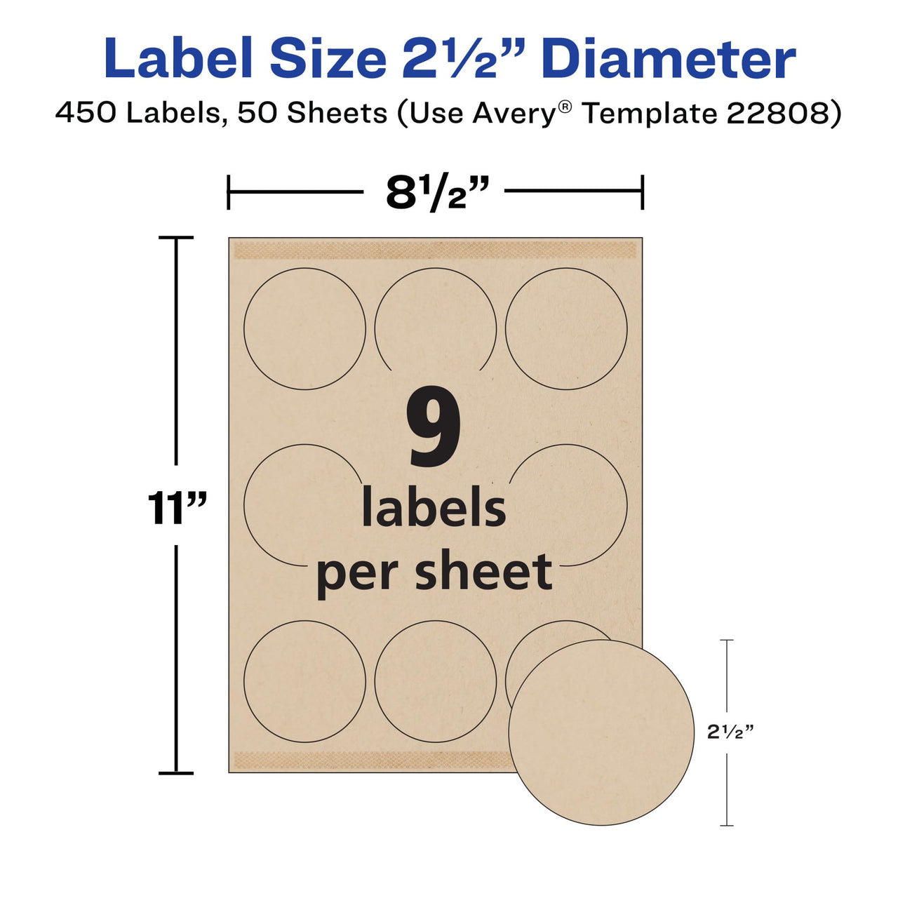 Avery Kraft Brown Round Labels with Sure Feed Technology, 2.5" Diameter, Print to The Edge, Laser/Inkjet Printable Labels, 2 Packs of 22808, 450 Total (5639) 450 labels