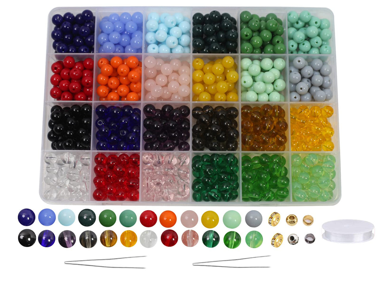 Pamir Tong 720PCS 8mm Glass Round Beads Bulk Crystal Beads Bracelet Beads Making Kit Healing Chakra Beads with 500pcs Space Loose Beads for Jewelry Making and DIY Crafts (8mm Solid&Clear) 8mm solid glass set