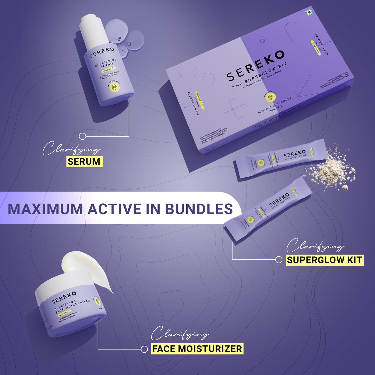 Sereko Advanced Active Vitamin C Skin Regime Kit Combo | 50X Vitamin C Face Moisturiser 50 ml, Clarifying Serum 30 ml & Super Glow Collagen Powder - 30 Sachet x 4g