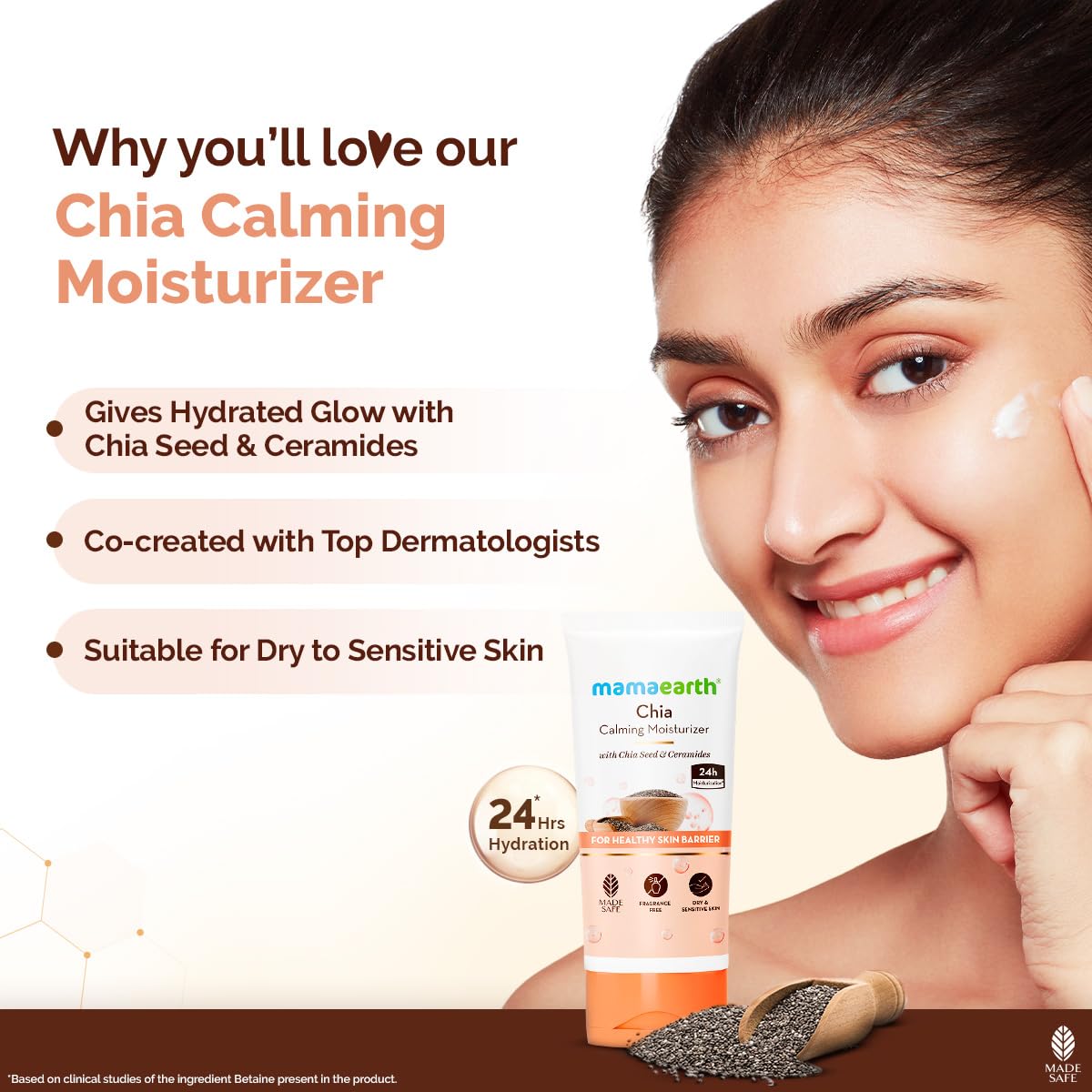 Mamaearth Chia Calming Moisturizer with Chia Seed & Ceramides for Healthy Skin Barrier | For Hydrated Glow | Co-Created with Dermats | For Dry & Sensitive Skin | 24H Long Lasting Moisturization | Fragrance Free | 80 g