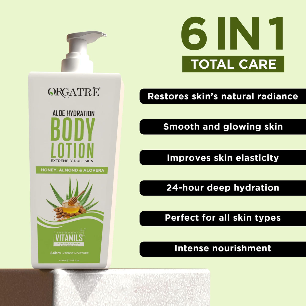 Orgatre Aloe Hydration Body Lotion with Honey, Almond & Alovera | Deep Moisturizing for Dry Skin | For Men & Women | Soothes, Protects & Revitalizes | 24-Hour Intense Hydration - 400ml