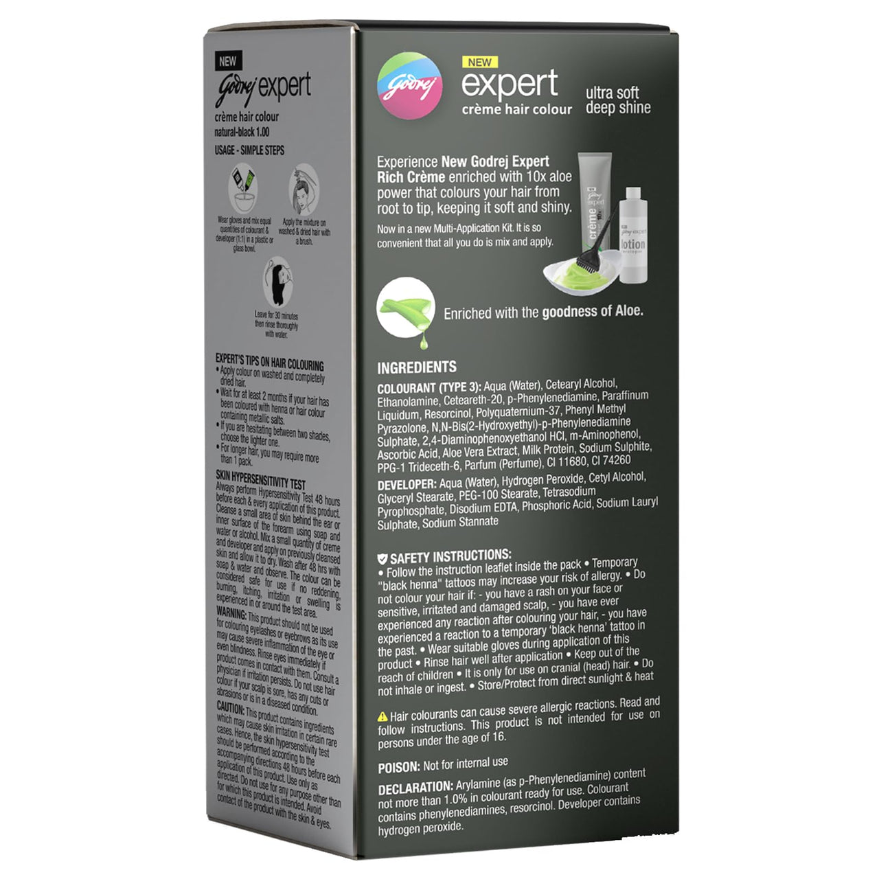 Godrej Expert Rich Crème Hair Colour for Women & Men – NATURAL BLACK Shade 1.00 (50ml + 50g) | No Ammonia | 10x Aloe Vera & 100% Grey Coverage