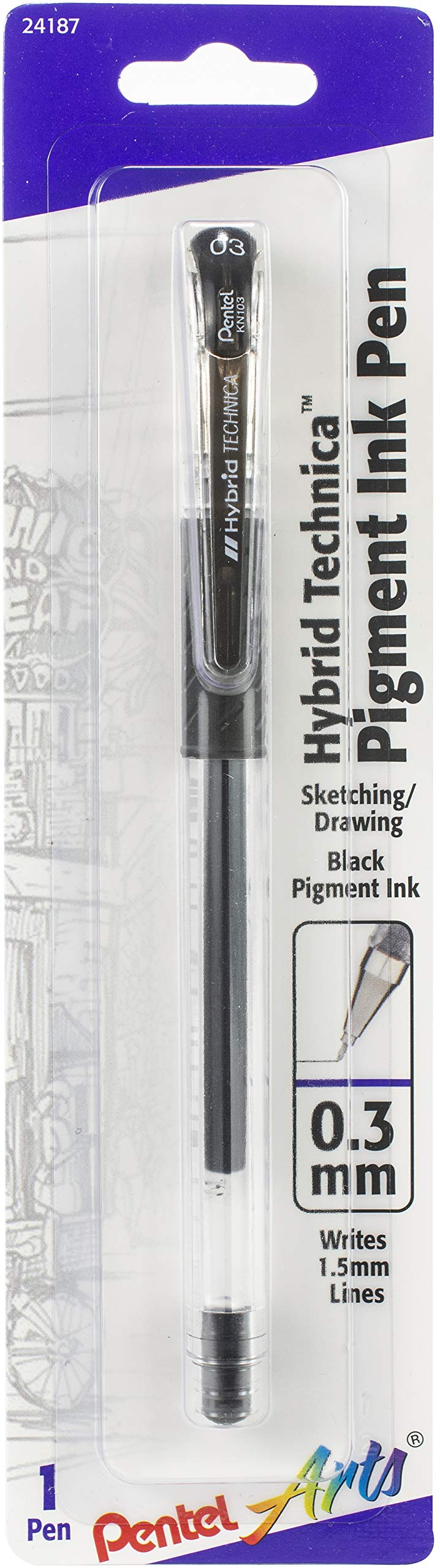 Pentel Arts Hybrid Technica 0.3 mm Pen, Ultra Fine Point, Black Ink, 1 Pack (KN103BPA) 1 Count (Pack of 1) 0.3mm