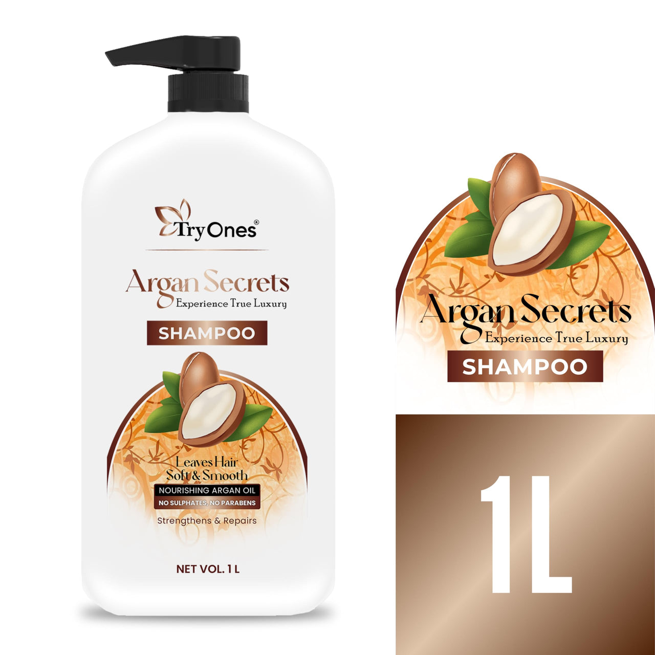 TryOnes Argan Secrets Shampoo for Dryness & Damage Control Dry Hair/Dandruff/Hair Loss/Hair Growth/Frizzy Hair - (1000ml)