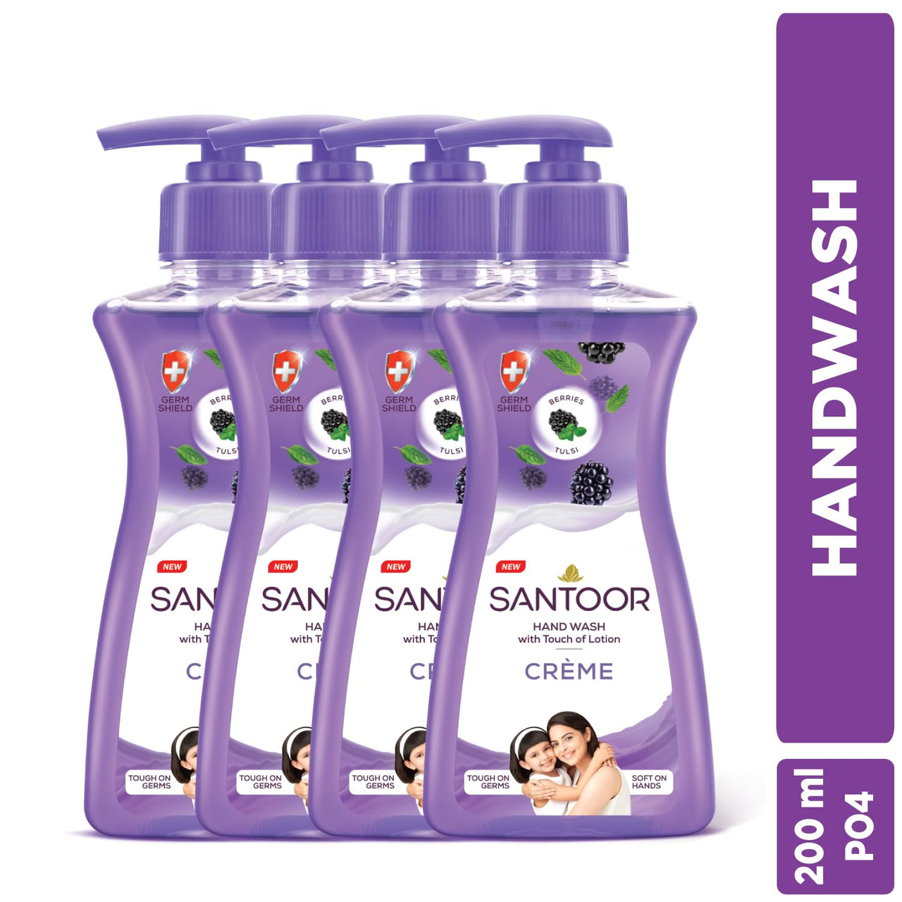 Santoor Crème Handwash 200ml, Pack of 4 with Touch of Lotion| Made with Berries & Tulsi| Rich Lathering Formula with Anti-Bacterial Properties| Soft on Hands| Soothes & Hydrates Skin