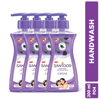 Santoor Crème Handwash 200ml, Pack of 4 with Touch of Lotion| Made with Berries & Tulsi| Rich Lathering Formula with Anti-Bacterial Properties| Soft on Hands| Soothes & Hydrates Skin