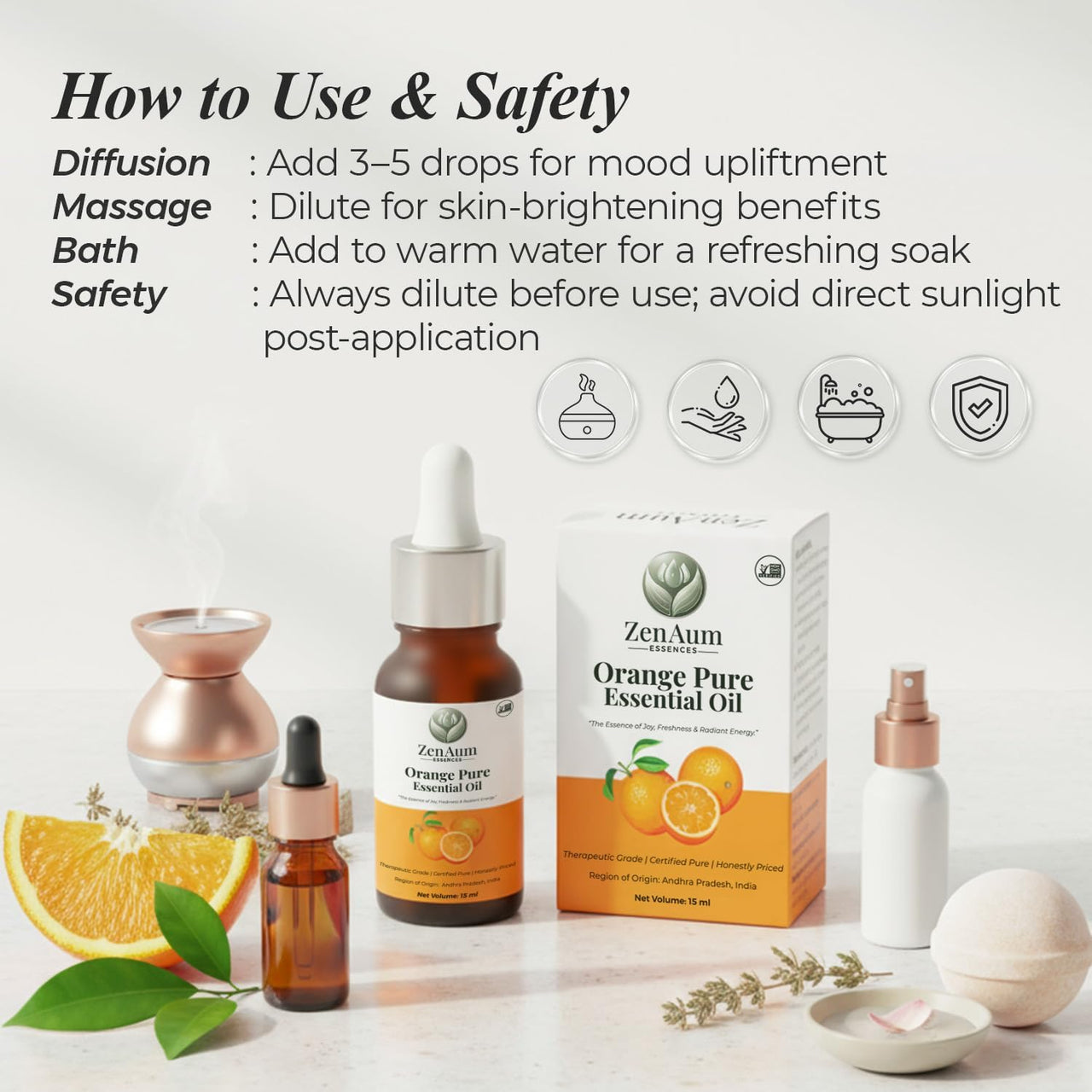 Zenaum Essences 100% Natural Orange Therapeutic Grade Essential Oil | 45ml (Pack of 3)| Mood Uplifting, Skin Brightening & Aromatherapy Sourced from Andhra Pradesh, India | GMP, ISO & IFRA Certified
