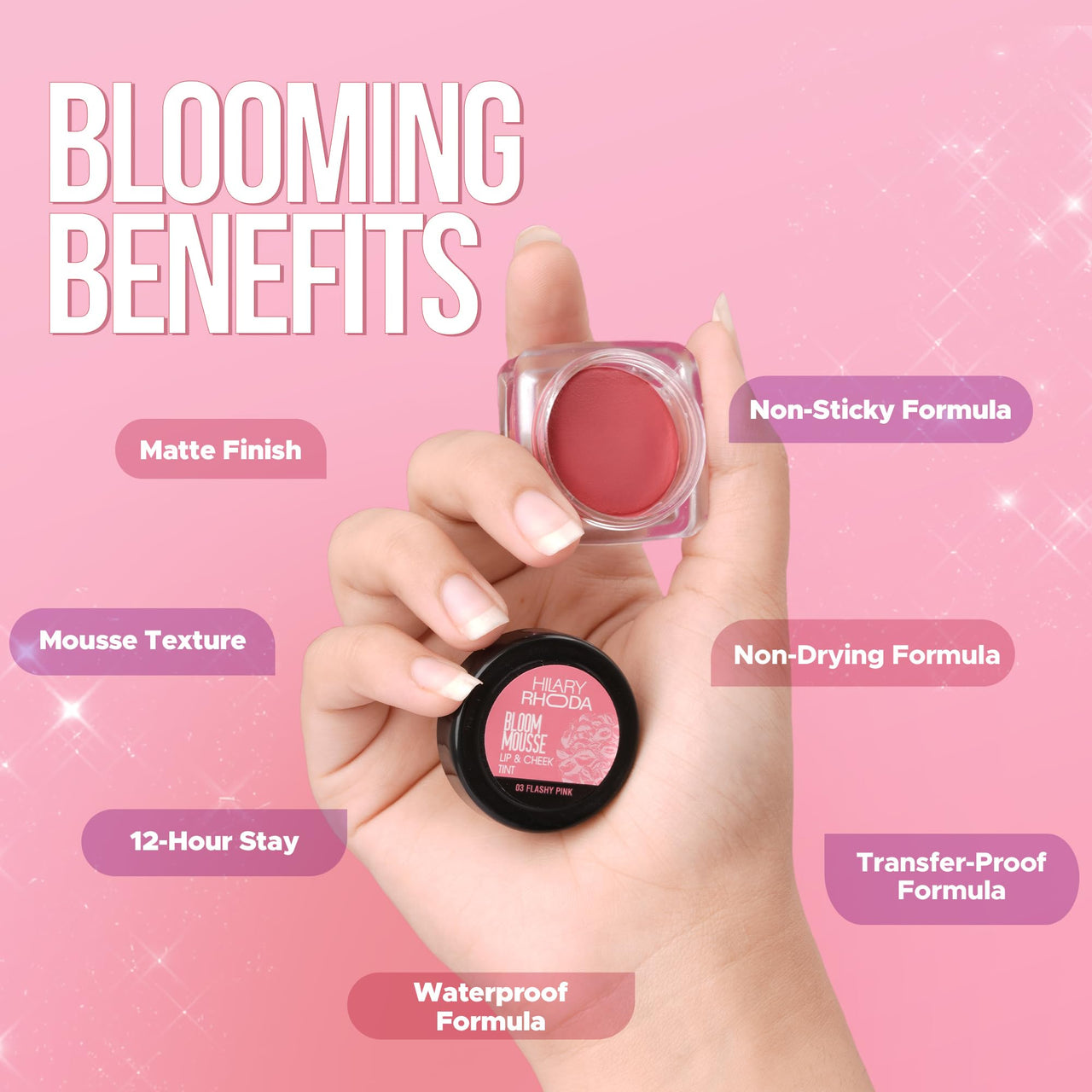 Hilary Rhoda Bloom Mousse Lip N Cheek Tint | Waterproof & Smudge-Proof | 12-Hour Stay | Non-Drying Formula | Mousse Texture | Matte Finish - 5g (Flashy Pink - Shade 03)