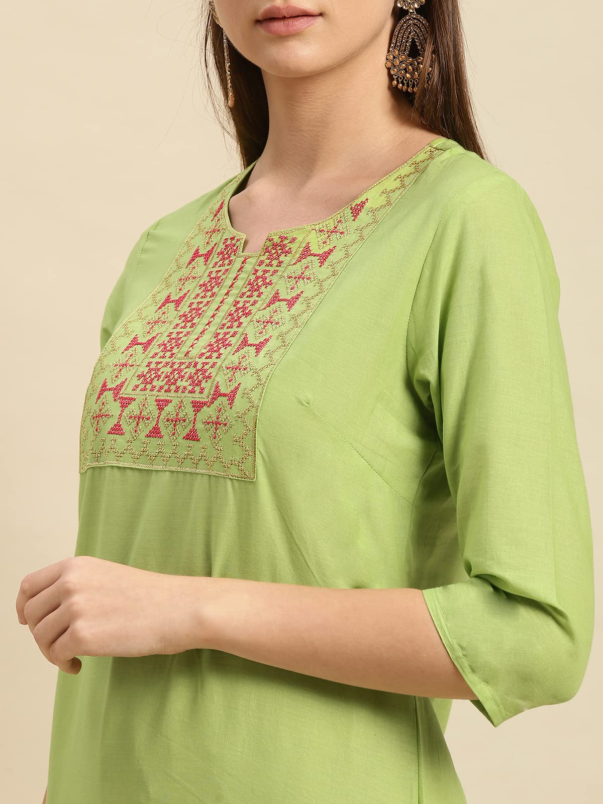 rangita Women 100% Cotton Yoke Zari Embroidered Knee Length Straight Kurti