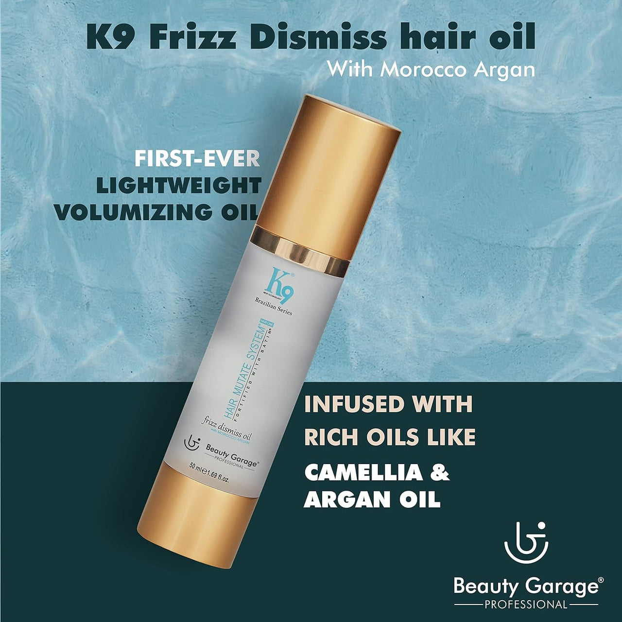 Beauty Garage K9 Frizz Dismiss Hair Oil, 100 ml Anti Dandruff Hair Oil with Morocco Argan & Camellia for Smooth and Manageable Hair, Unscented, Daily Hair Care