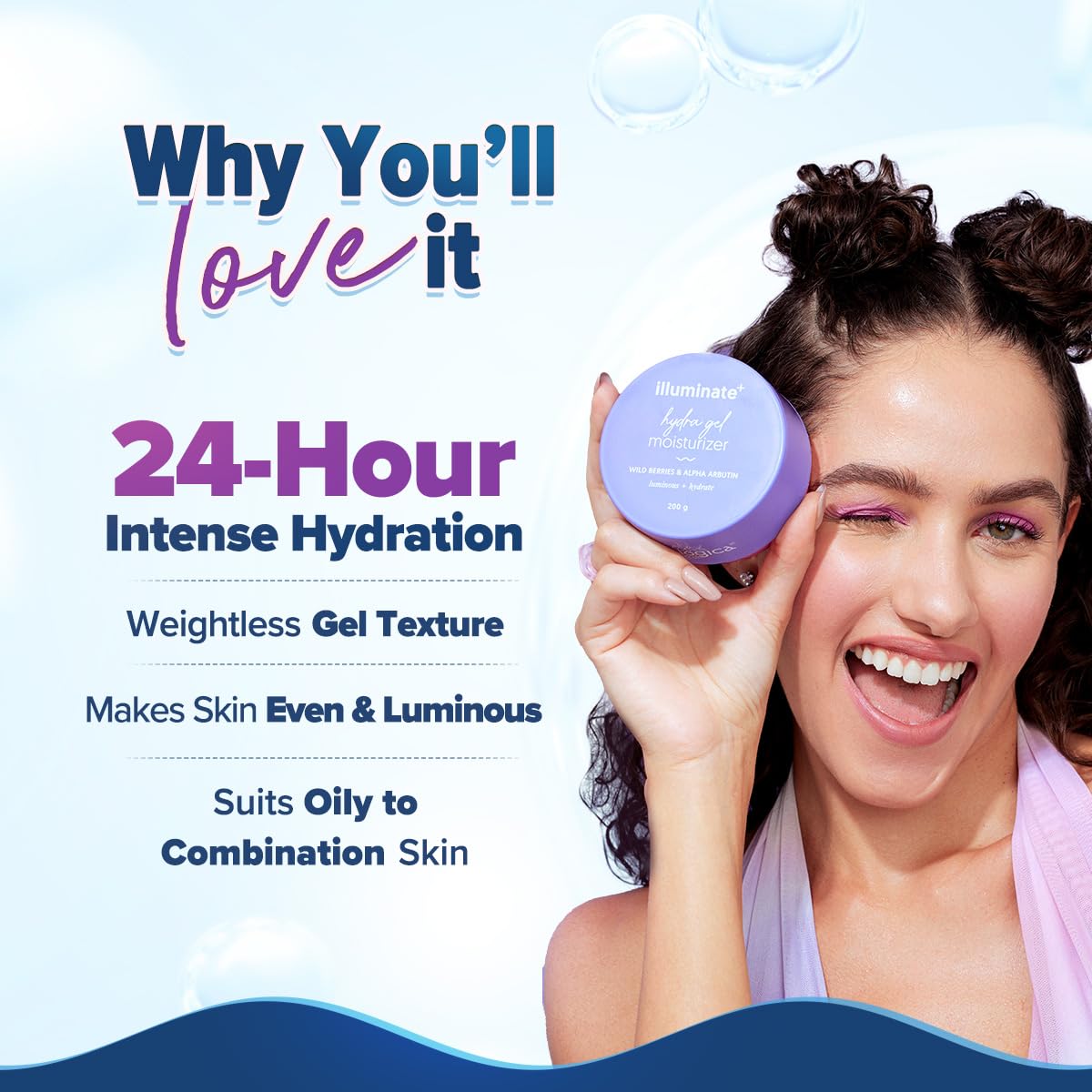 Aqualogica Illuminate + Hydra Gel Moisturizer with Wild Berries & Alpha Arbutin | 24 Hour Intense Hydration | Water-Like Gel Texture | Non-Sticky & Quick Absorbing for Luminous Skin | 200 g