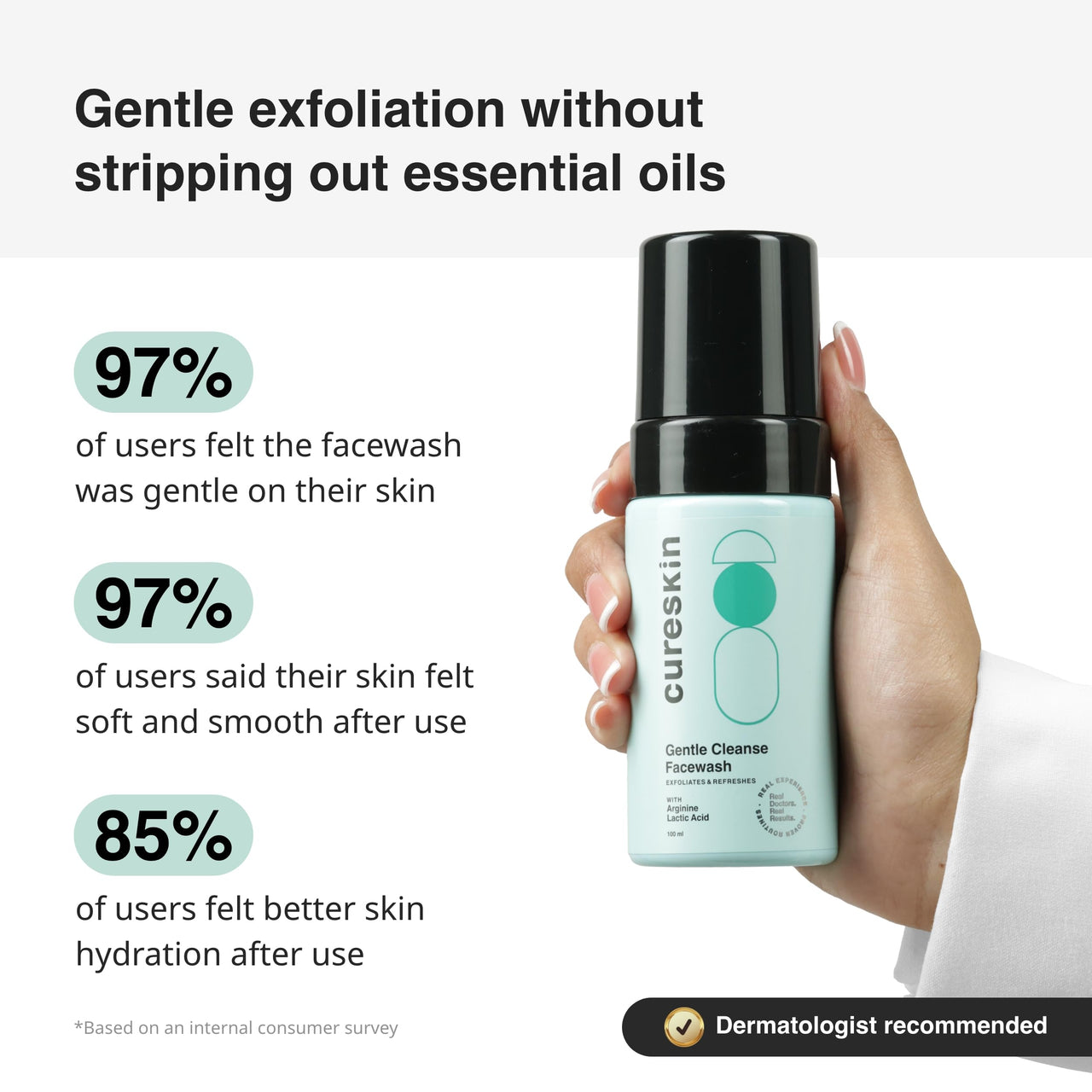 Cureskin Gentle Cleanse Brightening Face Wash with Lactic Acid AHA Foam Face Wash for Women and Men | Face Wash for Men and Women