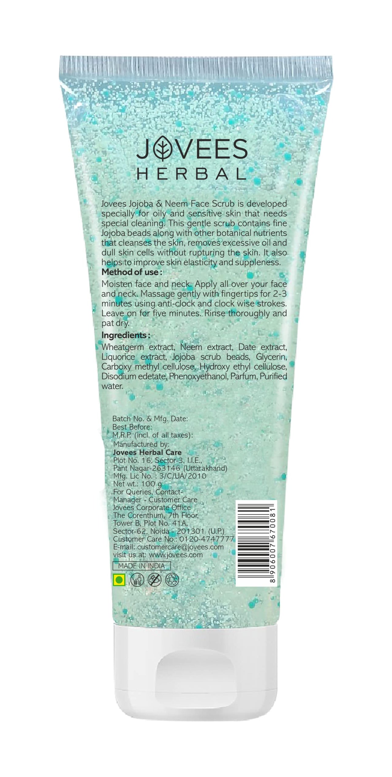 Jovees Herbal Jojoba & Neem Face Scrub | With Neem & Wheatgerm Extract | For Oily to Sensitive Skin | Gently Removes Dead Skin | Reduces Signs Of Premature Ageing 100 G