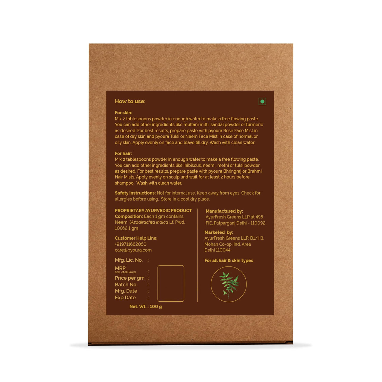 PYOURA Acne Clear Skin Neem Powder, Dark Spot Pigmentation Face Pack, Pure Hygienically Dried Powdered Leaves, Natural Ayurvedic Herbal Mask, No Preservatives Added, 200 g (2 Packs of 100 g Each)