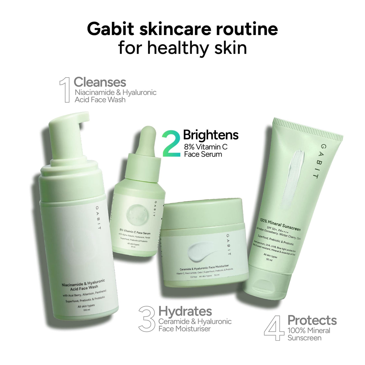 Gabit 8% Vitamin C Face Serum for Glowing Skin | Brightening Serum for Dark Spots, Tanned & Dull Skin; Hydrates | Alpha Arbutin, Hyaluronic, Ferulic, CiCa, Prebiotic, Probiotic | Oil & PEG free |30 ml