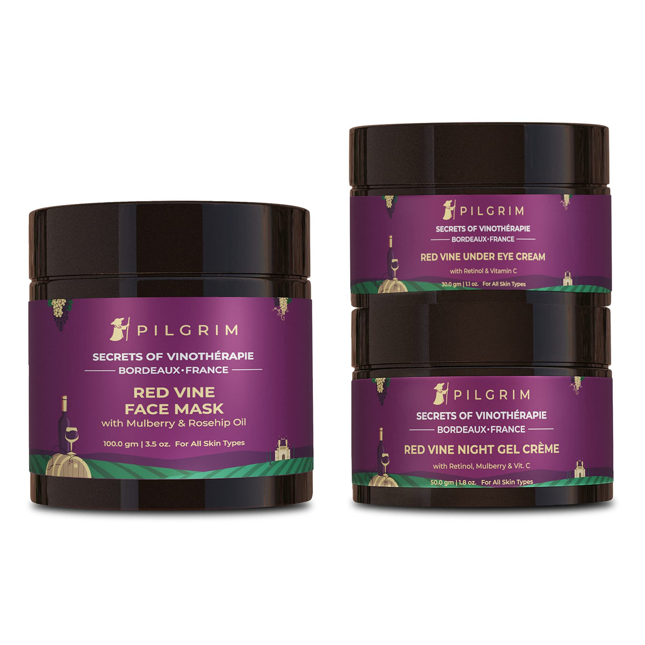 Pilgrim Ultra Repair Night Routine | Pore Clearing Face Mask 100g, Retinol Booster Night Gel Creme 50g, Depuff Under Eye Cream 30g | Anti-ageing | For Dark Circles, Wrinkles & Bags | For Men & Women