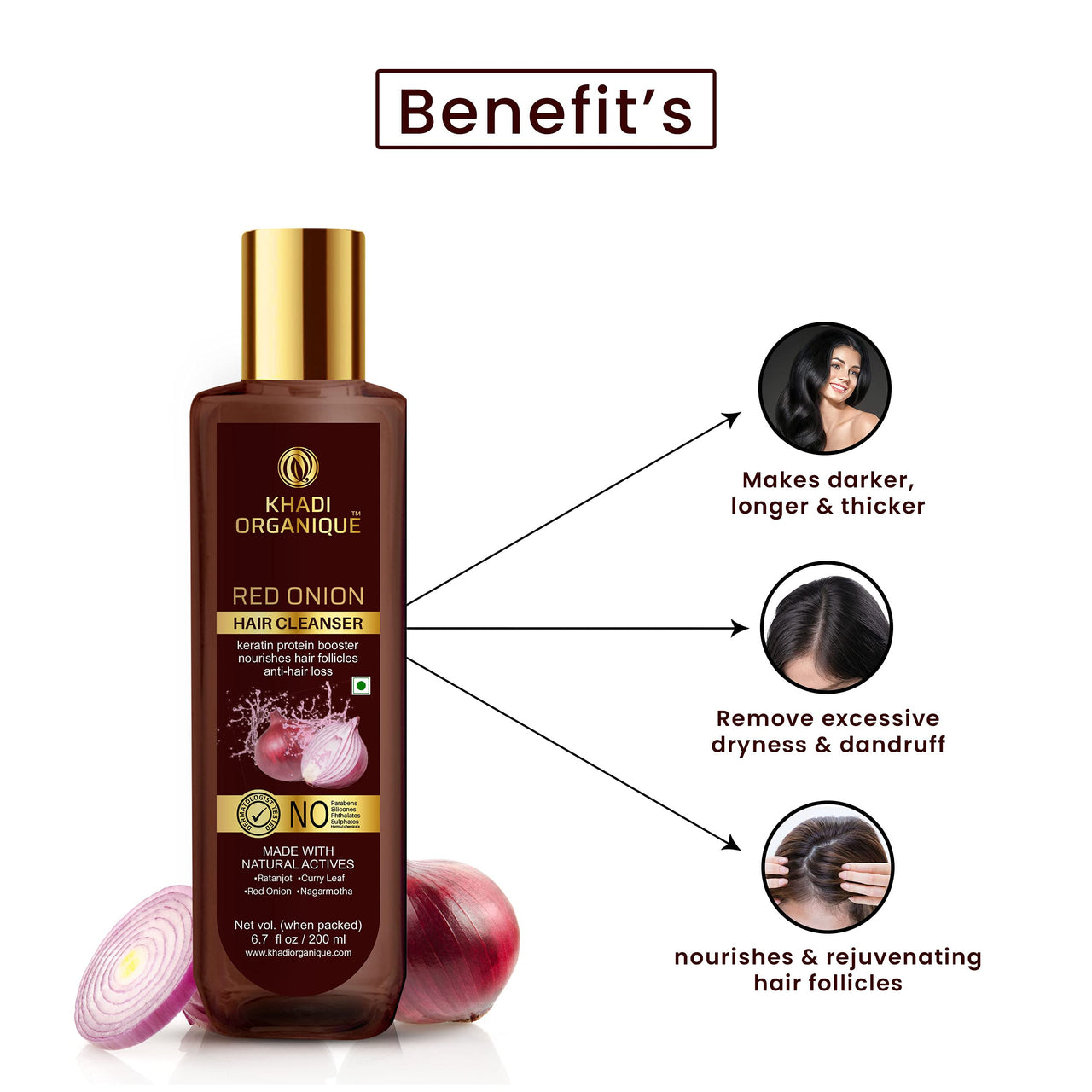 Khadi Organique Red Onion Shampoo For Hair Fall Control | Anti Dandruff Shampoo With Ratanjot, Curry Leaf, Nagarmotha Extracts | Sulphate & Paraben Free Shampoo For Men & Women - 200ml