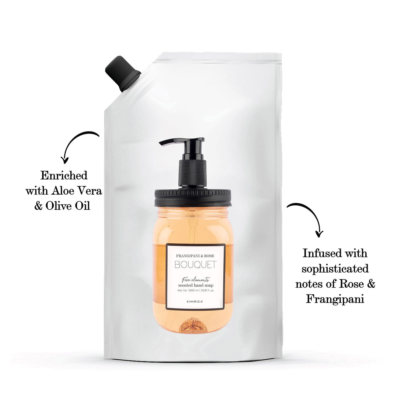 Kimirica Bouquet Foaming Liquid Hand Wash Refill Pack with Goodness of Frangipani and Rose, 100% Vegan & Paraben Free Moisturizing Hand Wash | Soft on Hands (1L)