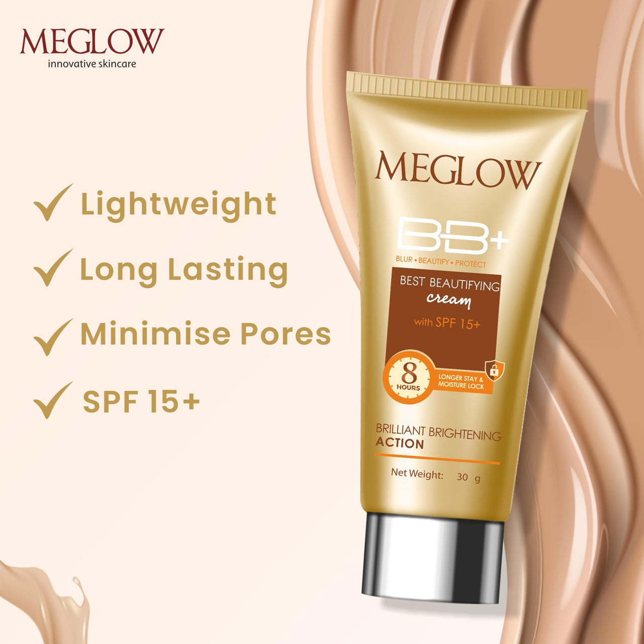 Meglow Beauty BB+ Cream (30g) with SPF 15 Brightening, Moisturizing and Instant Complexion Enhancement and Enriched with Natural Ingredients Meglow Lip Shiner (15g)- Combo Pack of 2