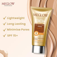Meglow Beauty BB+ Cream (30g) with SPF 15 Brightening, Moisturizing and Instant Complexion Enhancement and Enriched with Natural Ingredients Meglow Lip Shiner (15g)- Combo Pack of 2