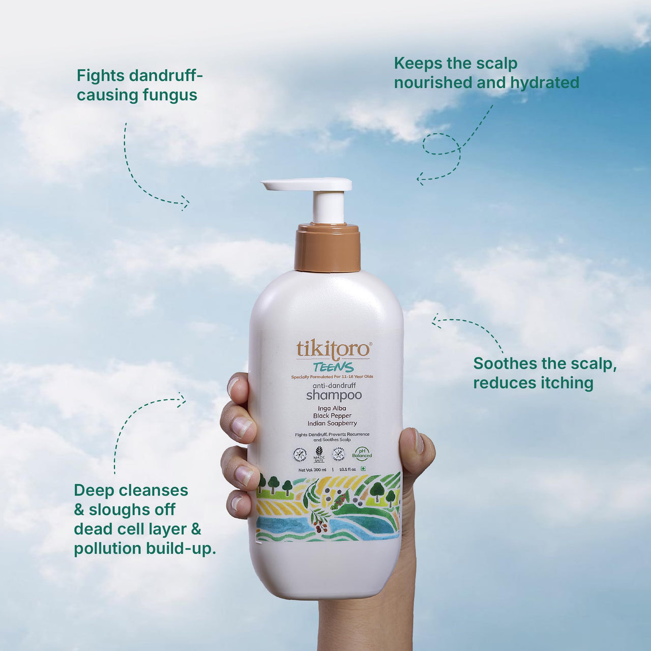 Tikitoro Teens Anti-dandruff Shampoo 100% Vegan with Aloe vera, Provitamin B5, Hibiscus, Rice Protein, Cleanses Scalp, Conditions Hair No Parabens & Sulphates (300ml x 1)