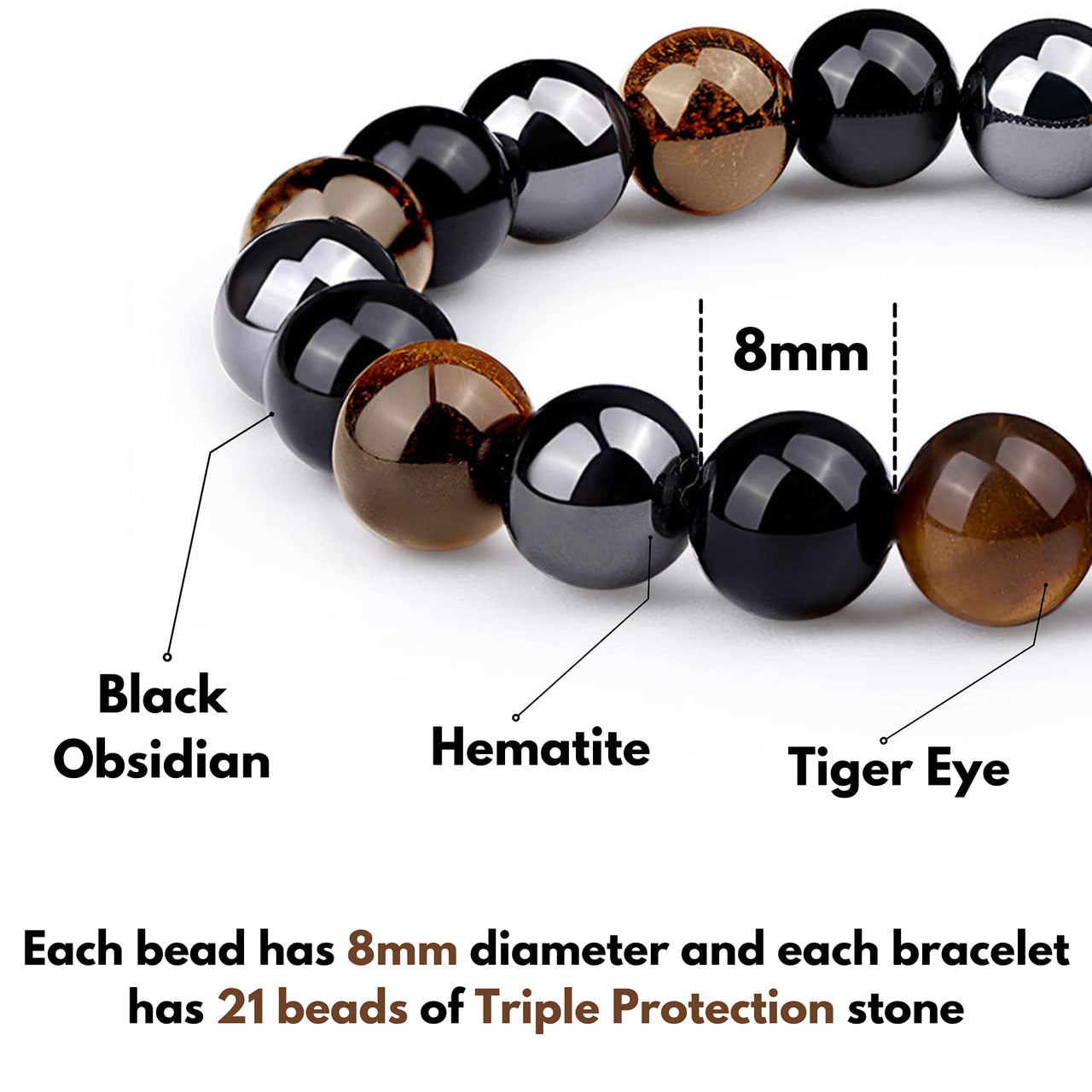 Crystal Vibe 8mm Triple Protection Bracelet - Beaded Bracelet with Natural Stones of Tiger Eye, Hematite, Black Obsidian - Elastic Adjustable Crystal Bracelet for Anxiety Relief, Spiritual Healing
