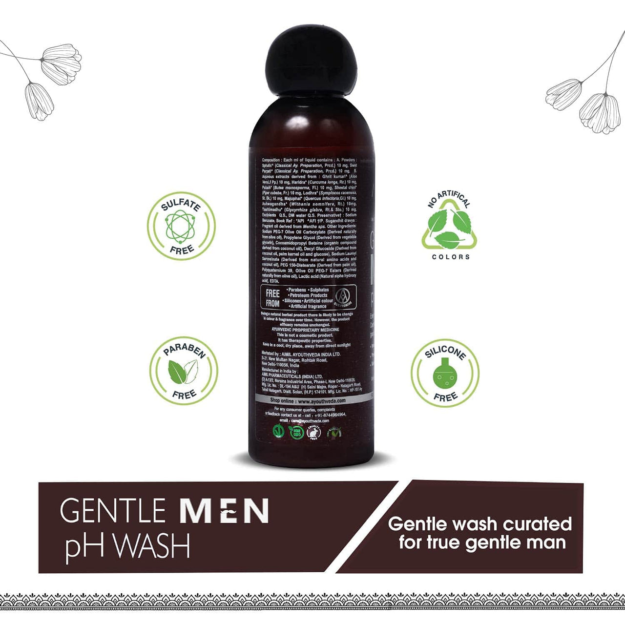 Ayouthveda Gentle Men Ph Wash, Prevents Dryness, Itching, Bad Odour, Best Intimate Wash for Men, Natural Ph Balanced with Germ (Pack of 2, 180Ml)