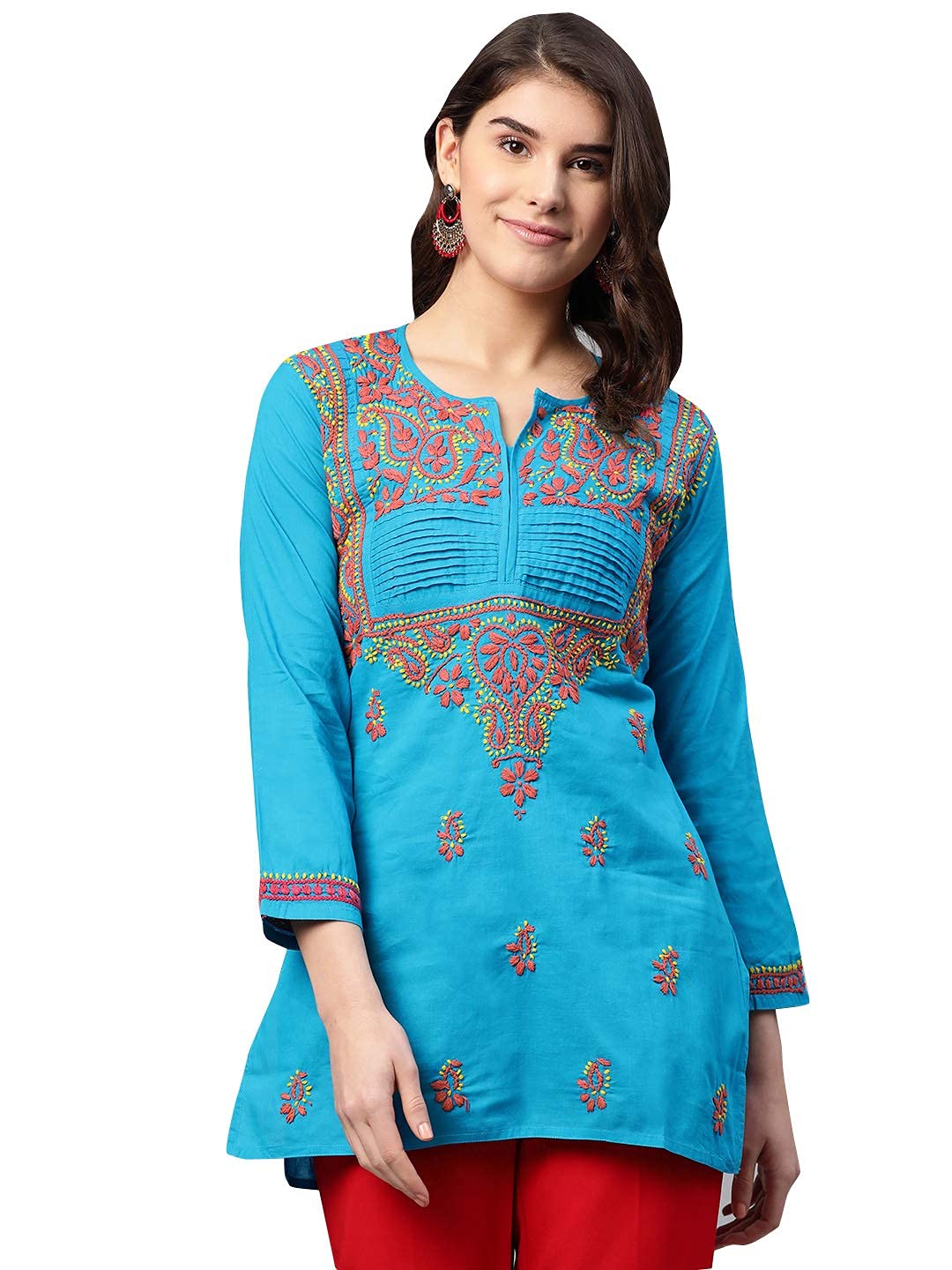 Ada Women's  Cotton Top Hand Embroidered Lucknowi Chikankari Tunic Kurti