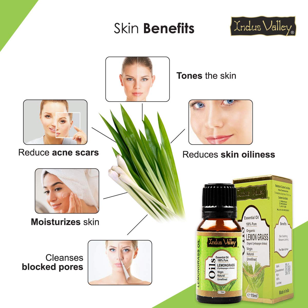 Indus Valley 100% Pure Natural & Organic, Undiluted lemongrass Essential Oil with Glass Dropper for Skin, Hair Care -15ml