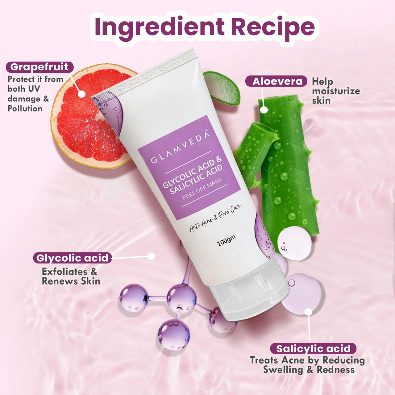 Glamveda 0.05% ww Glycolic Acid & 0.05% ww Salicylic Acid Anti Acne Peel off mask | For Oily & Acne Prone Skin | Oil balancing, Deep Cleansing | Blackhead & Pore care | 100gm