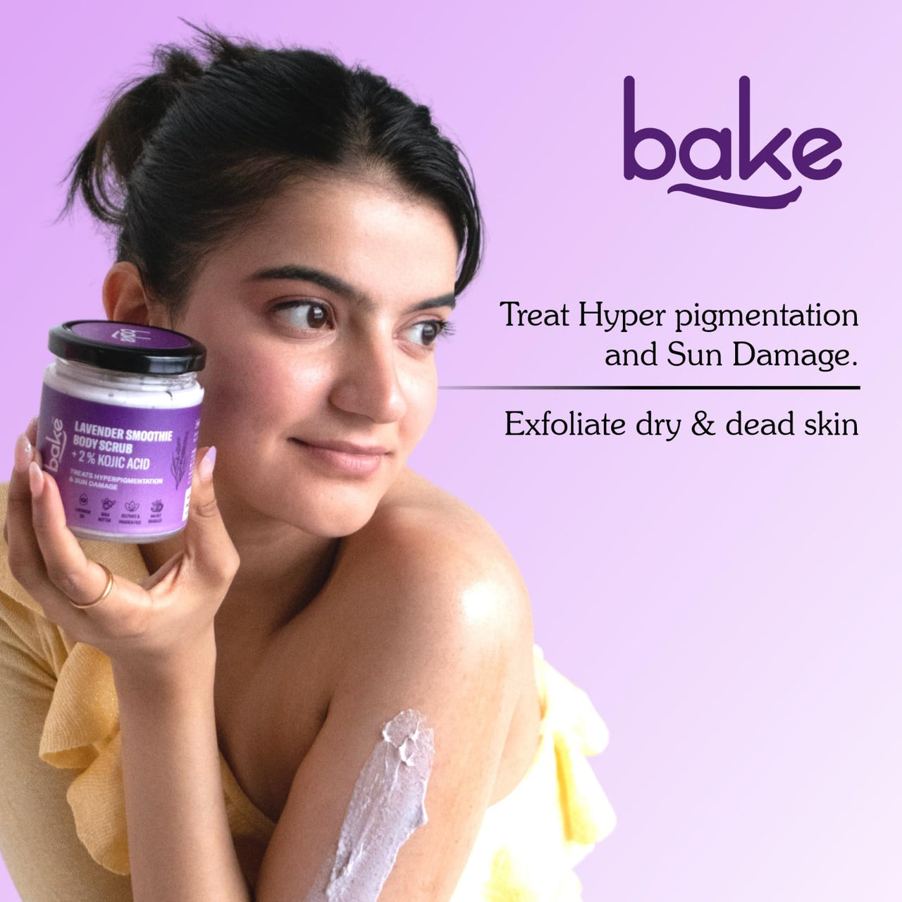 BAKE 2% Kojic Acid Lavender Smoothie Body Scrub for Women & Men | Skin Brightening, Treats Hyperpigmentation & Tan Removal | Shea Butter, Walnut Granules, Jojoba Oil | 150g