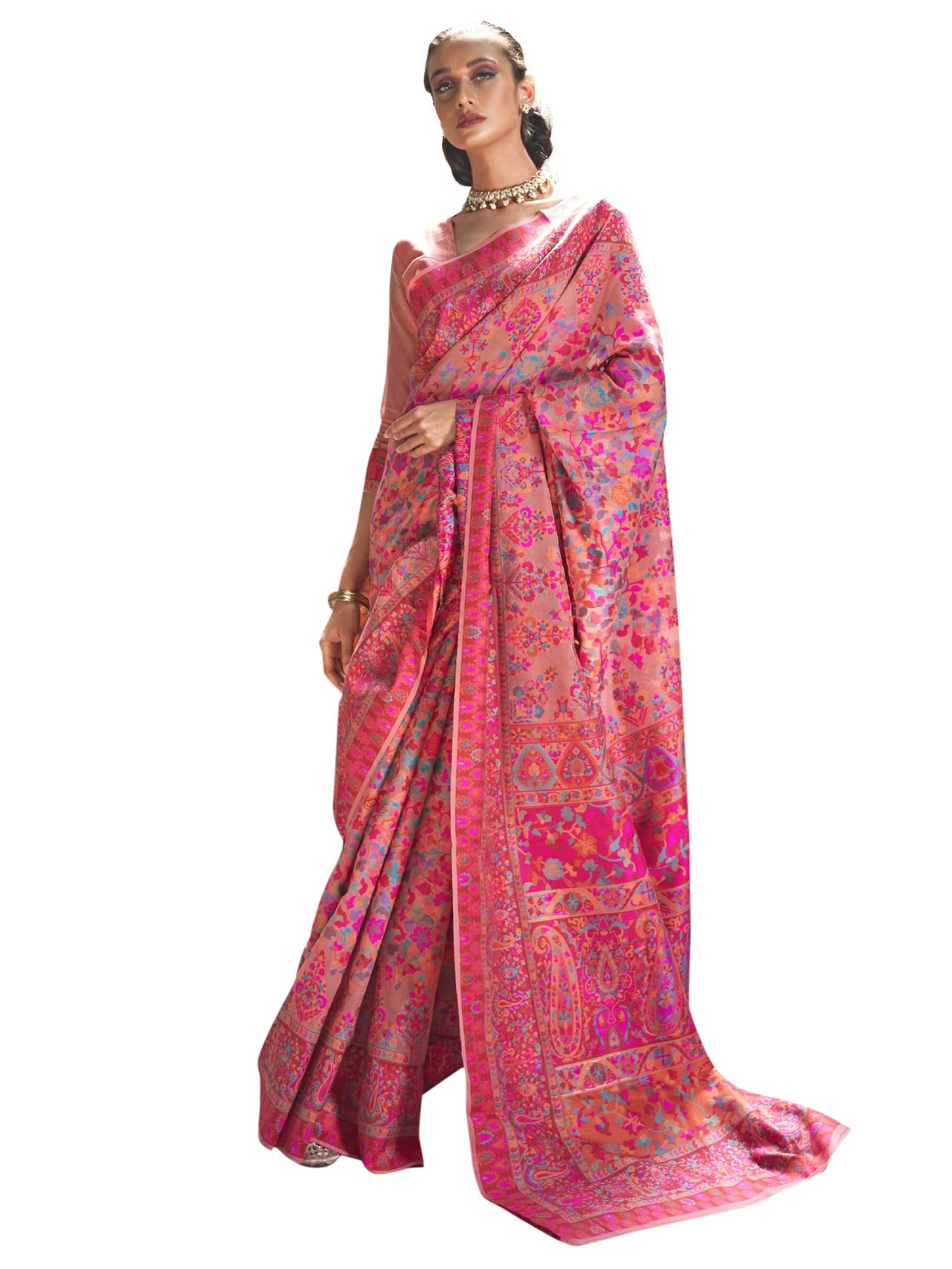 AKHILAM Women's  Banarasi Cotton Blend Saree With Blouse Piece