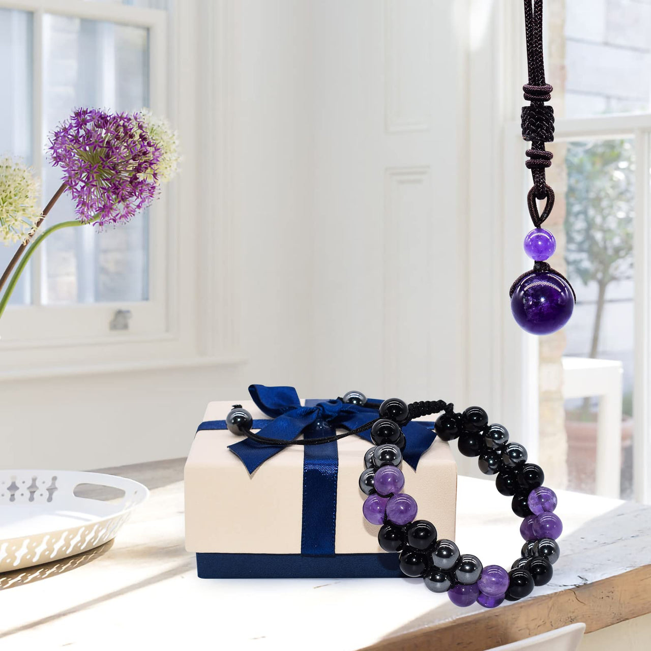 XonyiCos Triple Protection Bracelet,Made by hand Crystal Bracelet for Men Women Amethyst Beads Hematite and Black Obsidian Natural Stone 8mm Healing Bracelets Good Luck Prosperity Happiness