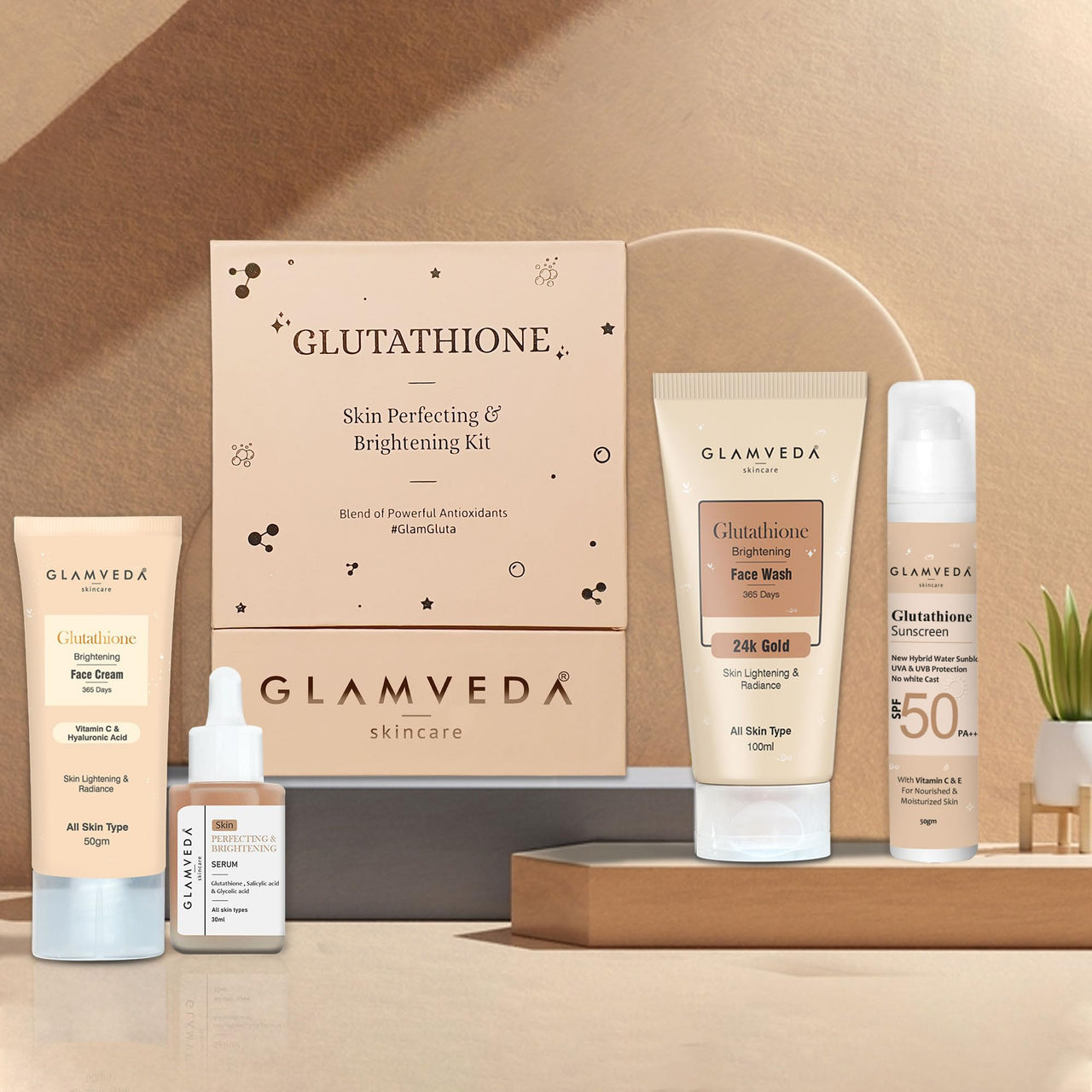 Glamveda Glutathione 4-Step Skincare Routine For Healthy & Radiant Skin | Skin Brightening and Lightening Combo ( Facewash + Facecream + Faceserum + Sunscreen )