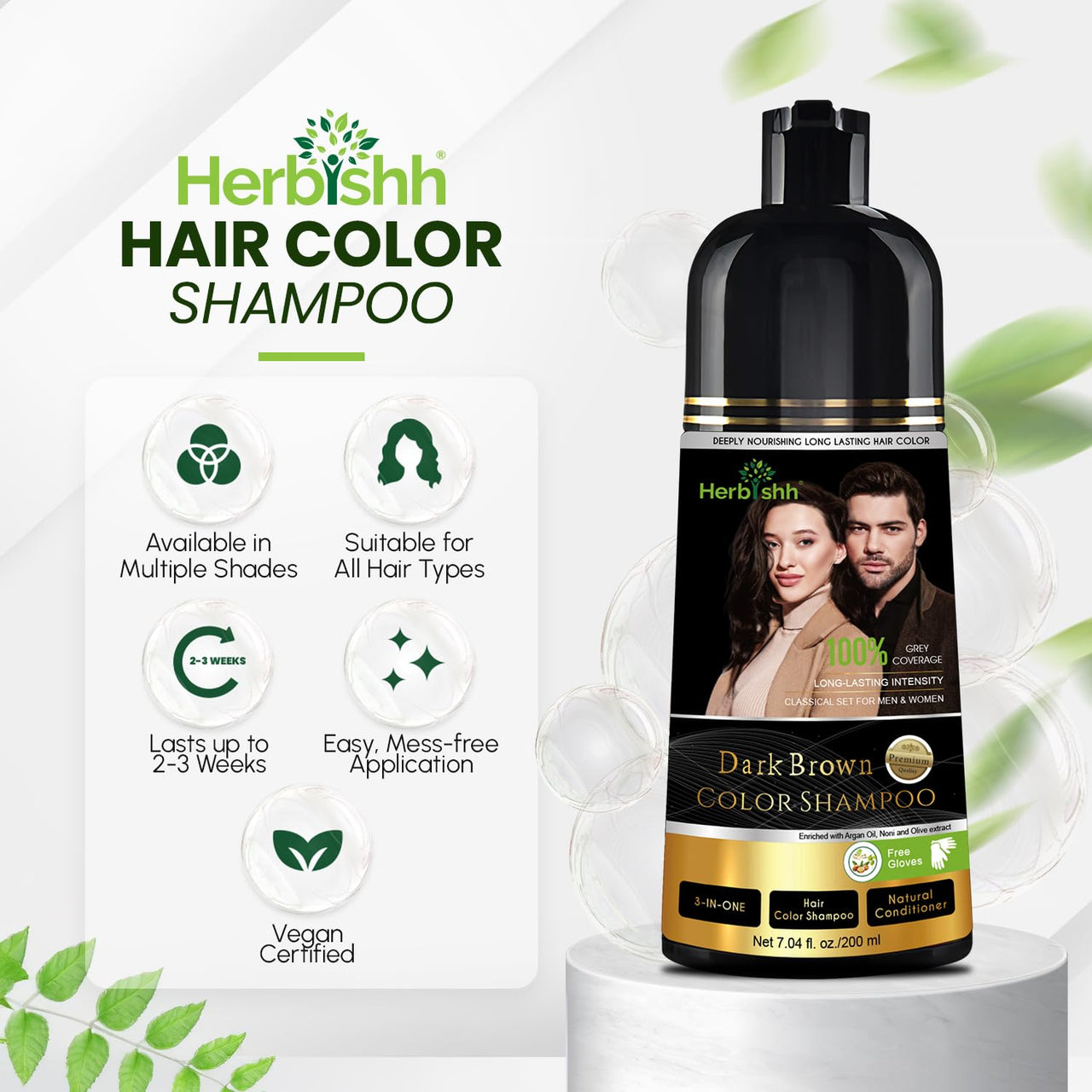Herbishh Dark Brown Hair Color Shampoo, 3 in 1, 100% Grey Coverage, Hair Color for Men & Women, Long-lasting Color in 15-20 Mins, Ammonia-free, 200 ml