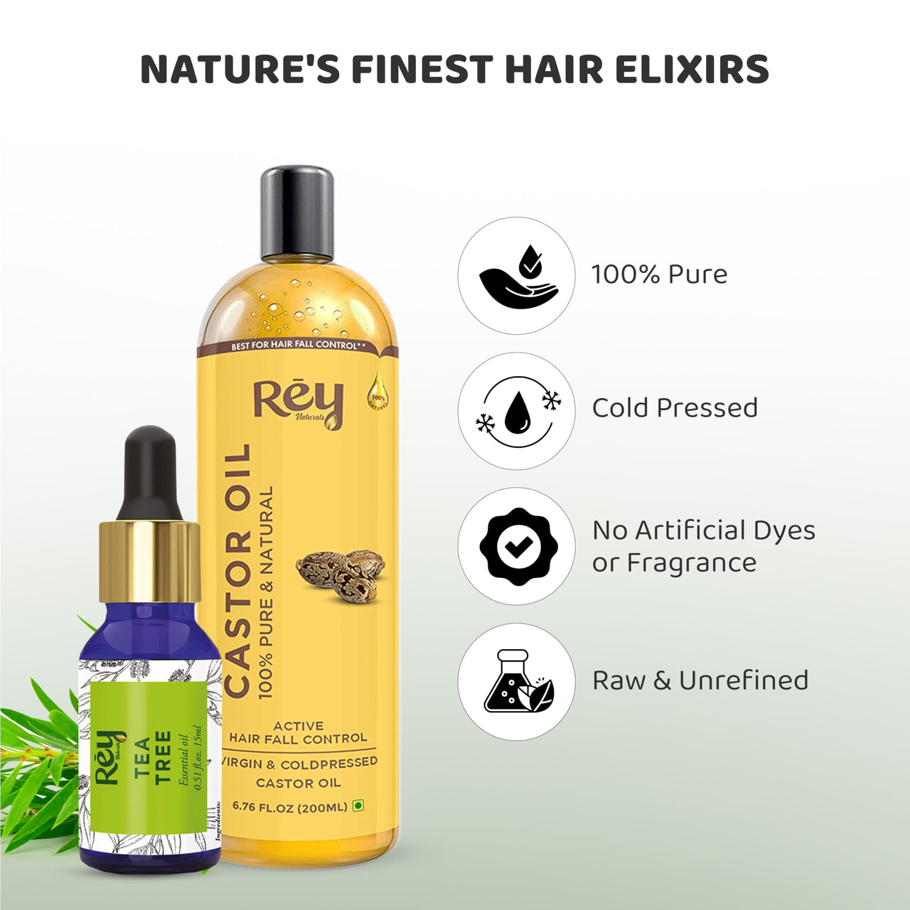 Rey Naturals Cold Pressed Castor Oil For Hair Growth and TeaTree Essential Oil Combo | Hair oil for hair growth | Dandruff Control | Moisturises and adds shine to hair | 200 ml and 15 ml