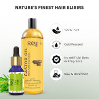 Rey Naturals Cold Pressed Castor Oil For Hair Growth and TeaTree Essential Oil Combo | Hair oil for hair growth | Dandruff Control | Moisturises and adds shine to hair | 200 ml and 15 ml