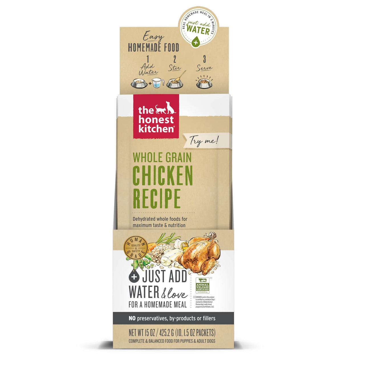 The Honest Kitchen Human Grade Dehydrated Whole Grain Dog Food – Complete Meal or Dog Food Topper – Chicken 10-Pack of 1.5 oz Sachets 15 Ounce (Pack of 10)