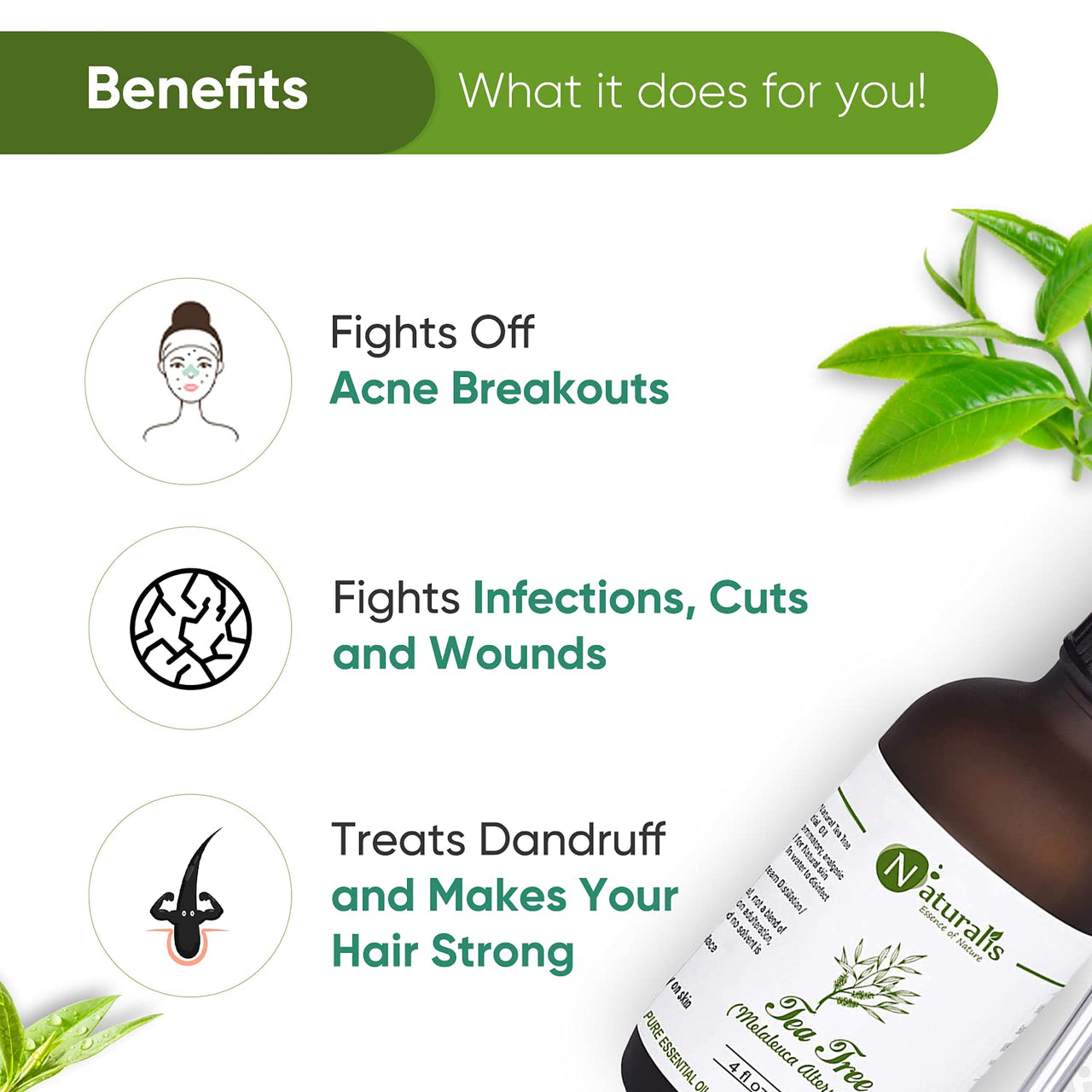 Naturalis Tea Tree Essential Oil - Tea Tree Oil for Hair, Face, Acne, Pimples and Scar - Pure and No Dilution Tea Tree Hair Oil - No Solvents - Ideal for Aromatherapy - 120ml