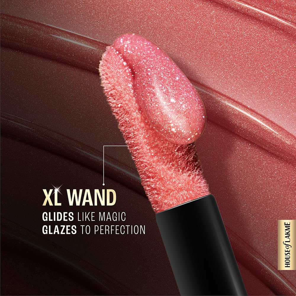 Lakmé Glitterati Lip Glaze, glossy finish, 3D crystal shine, for fuller & fabulous lips, non sticky, with vegan collagen for instantly plump lips, lip gloss, Hot Pink Cosmo