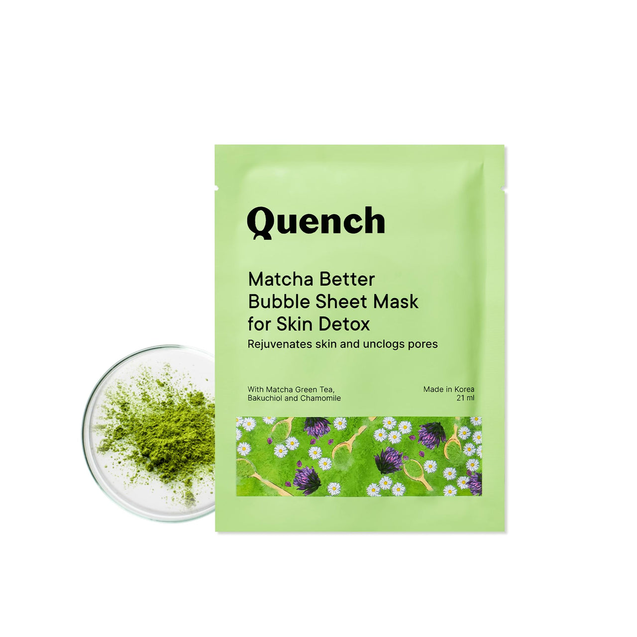 QUENCH BOTANICS Korean Bubble Sheet Mask With Matcha Green Tea Anti-Oxidants | Self-Foaming Korean Mask For Glowing Skin | Deep Cleanses & Purifies Skin | Made In Korea (Pack Of 1, 21Ml)