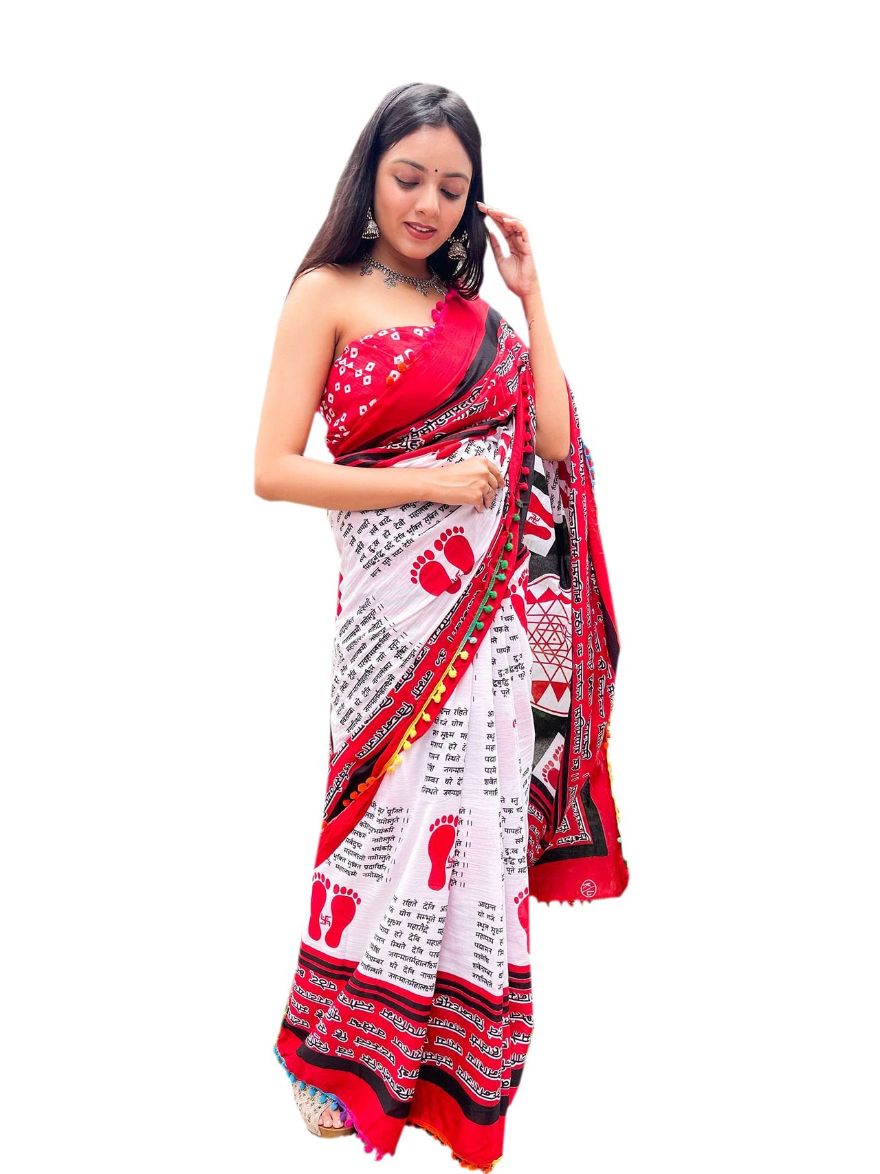Shivanya Handicrafts Cotton Mulmul Saree for Women Attached Pom Pom Lace Red & Black 1