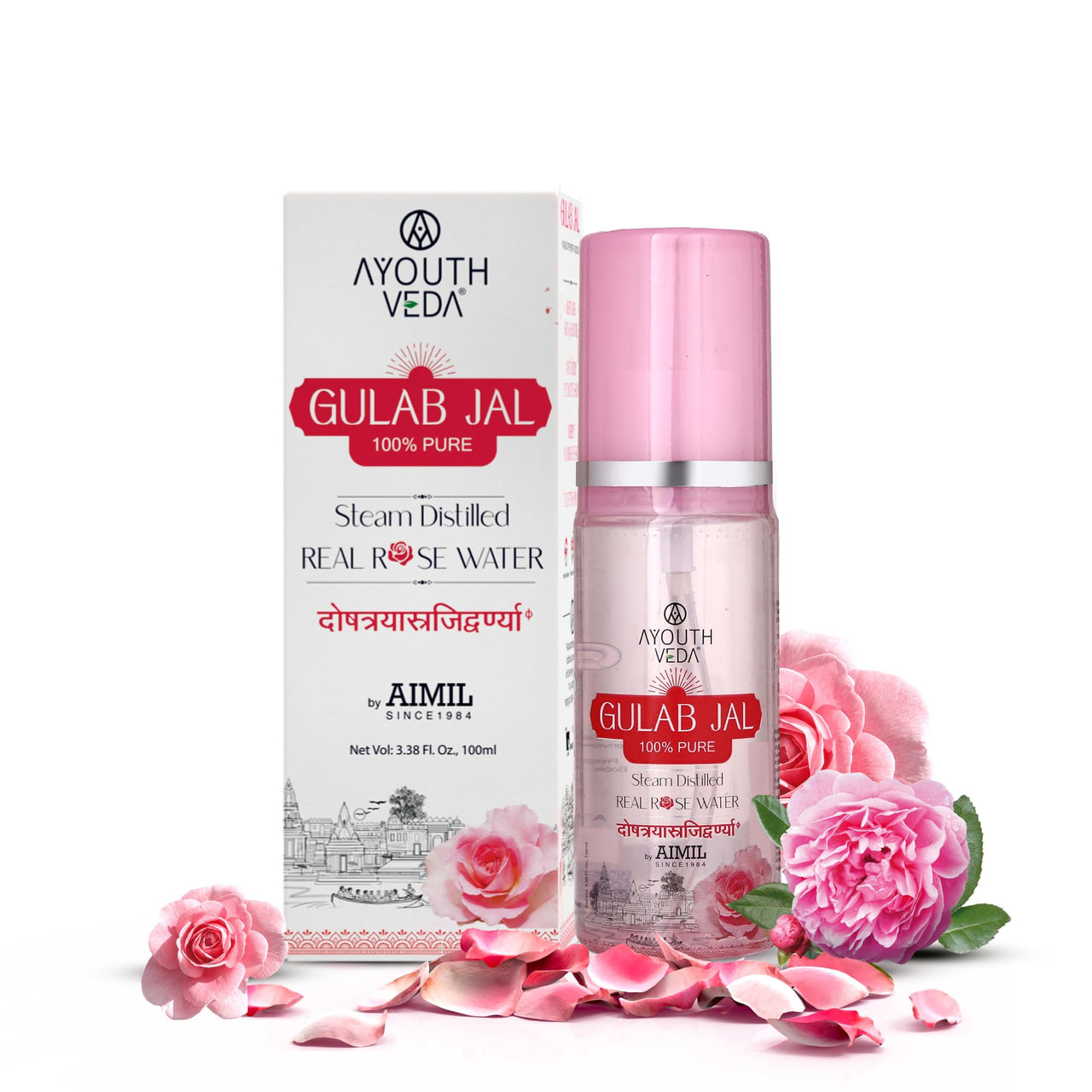 Ayouthveda Gulab Jal Steam Distilled Real Rose Water Pure & Natural Rose Water & Skin Toner | Organic and Chemical Free Makeup Remover | Ideal For Daily Use (Pack Of 1-100ml)