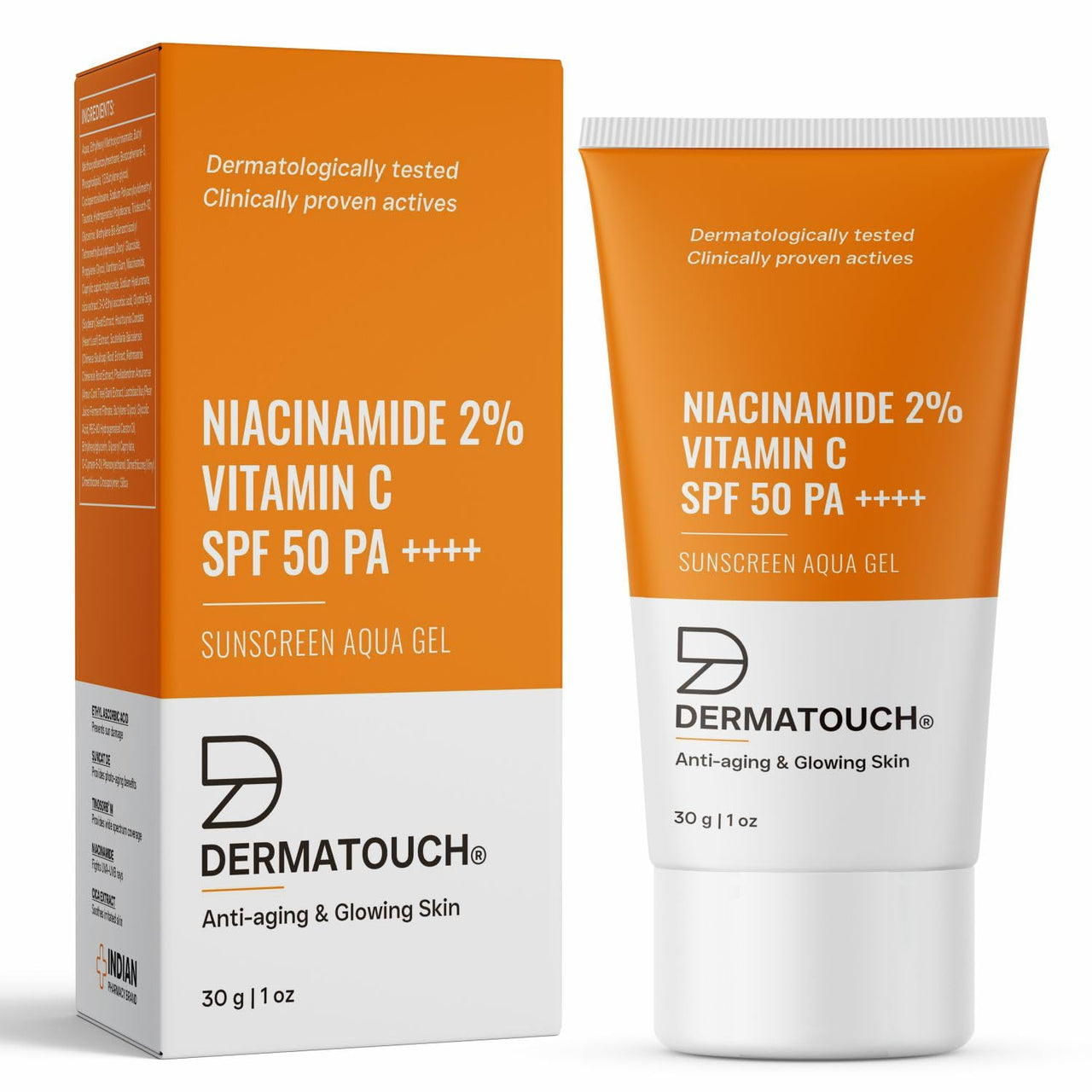 DERMATOUCH Niacinamide 2% Vitamin C Sunscreen for glowing skin | SPF 50+ PA ++++ | Quick Absorbing | Zero White Cast | 30g