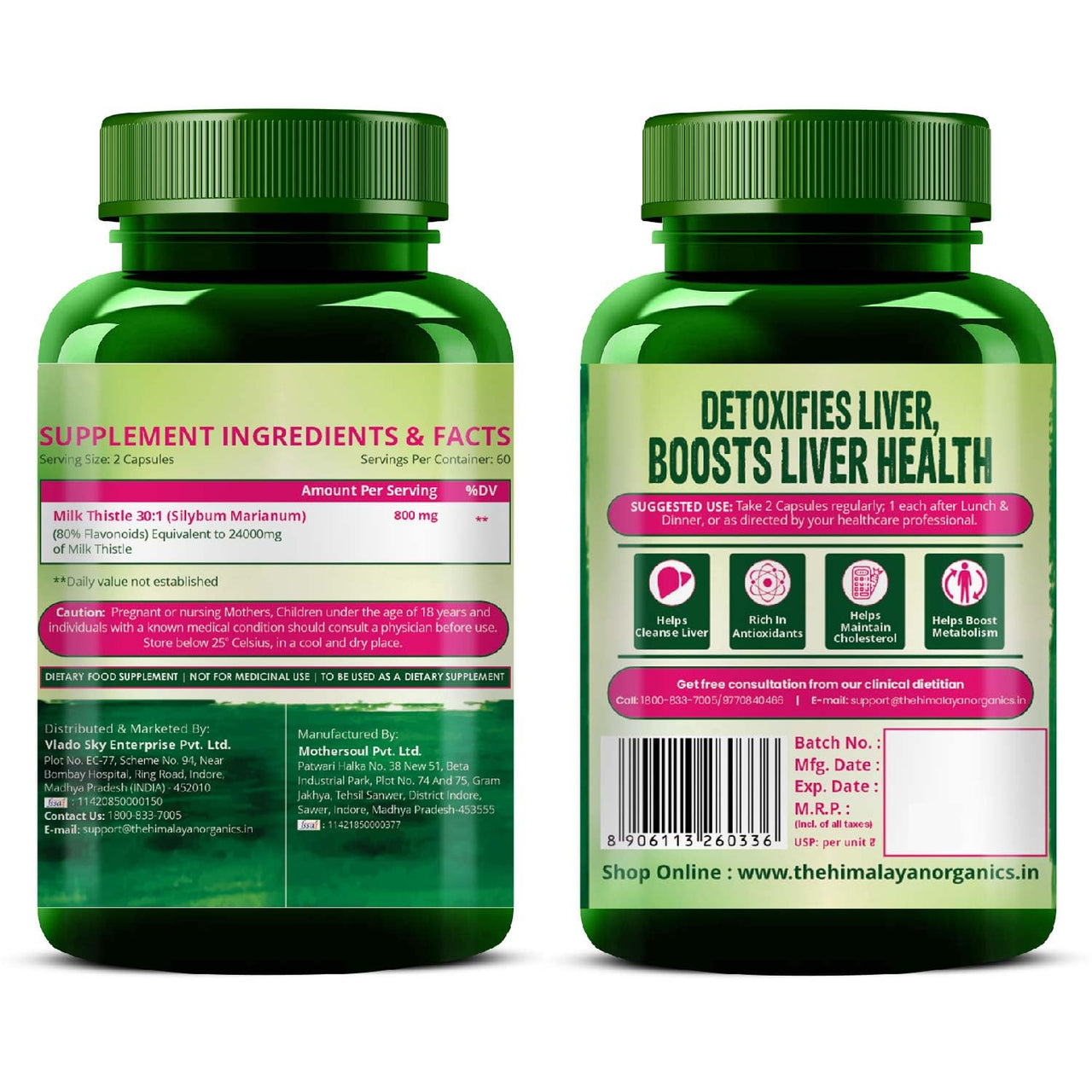 Vlado's  HIMALAYAN ORGANICS Milk Thistle Extract With 800Mg Of Silybum Marianum Detox Supplement For Men And Women For Healthy Liver | Boost Metabolism And Maintain Cholesterol level - 120 Vegetarian Capsules